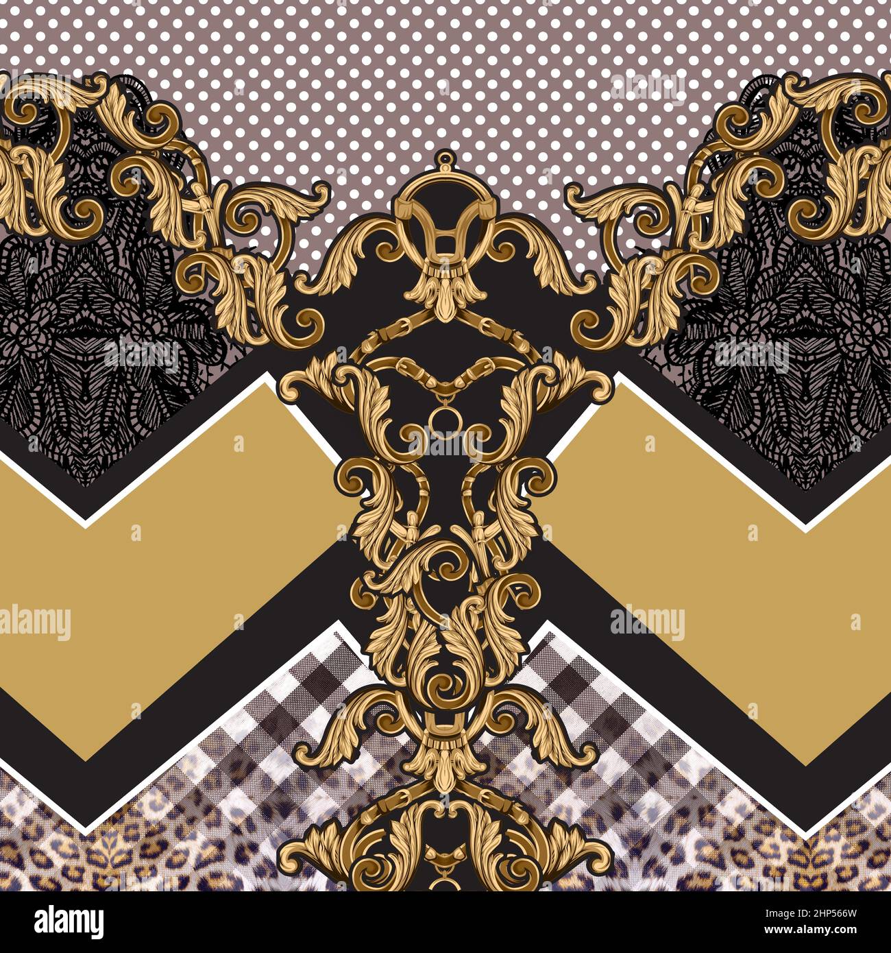 Pattern of Animals Skin, Golden Baroque and Polka Dots Ready for Textile Prints. Stock Photo