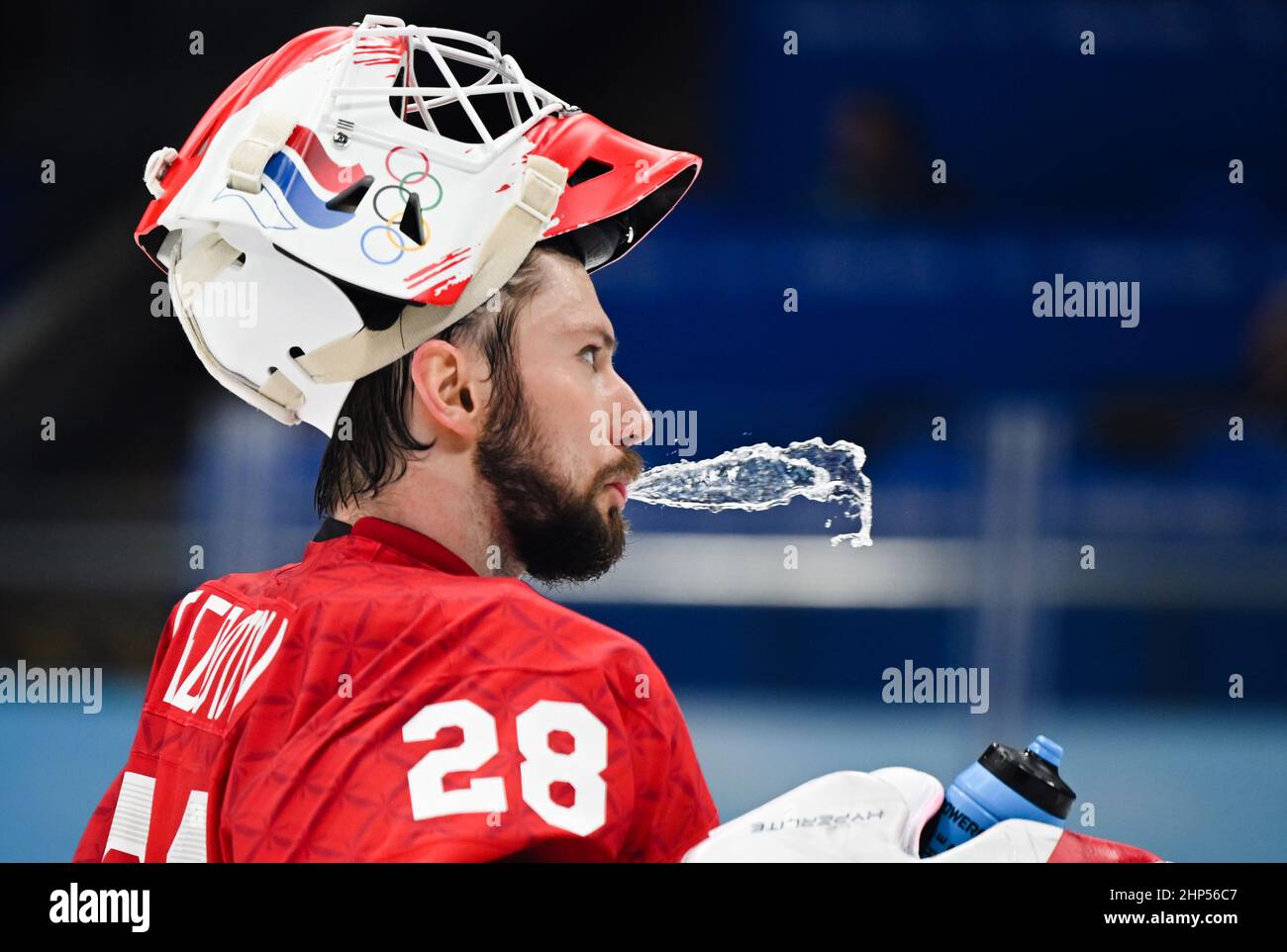 Beijing, China. 18th Feb, 2022. Goalkeeper Ivan Fedotov of ROC reacts ...