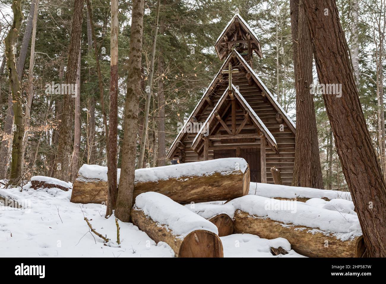 Grayling, Michigan - The Chapel in the Pines at Hartwick Pines State Park. The park displays logging equipment from the 19th century when most of Mich Stock Photo