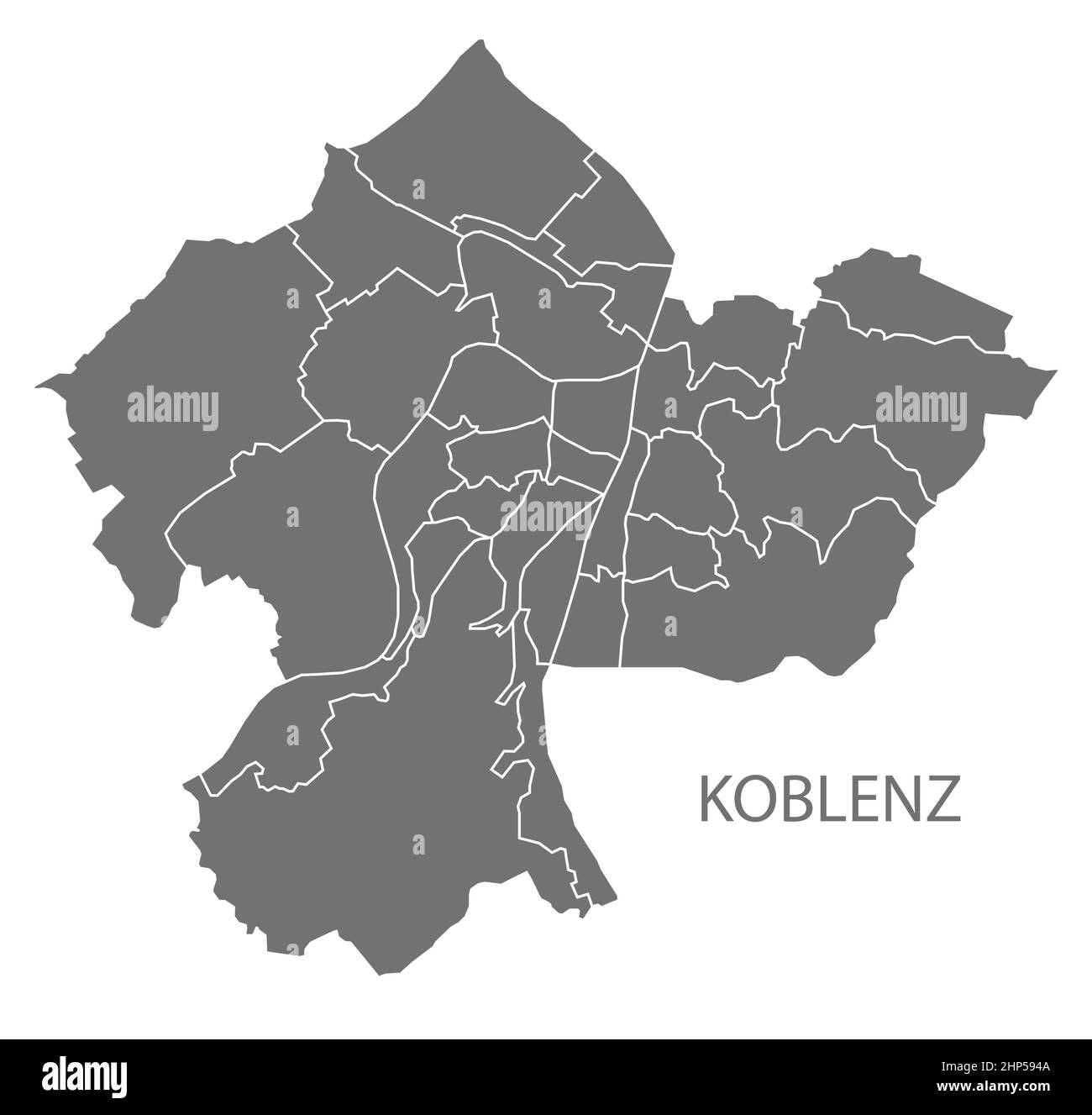 Modern City Map - Koblenz city of Germany with districts grey DE Stock Vector