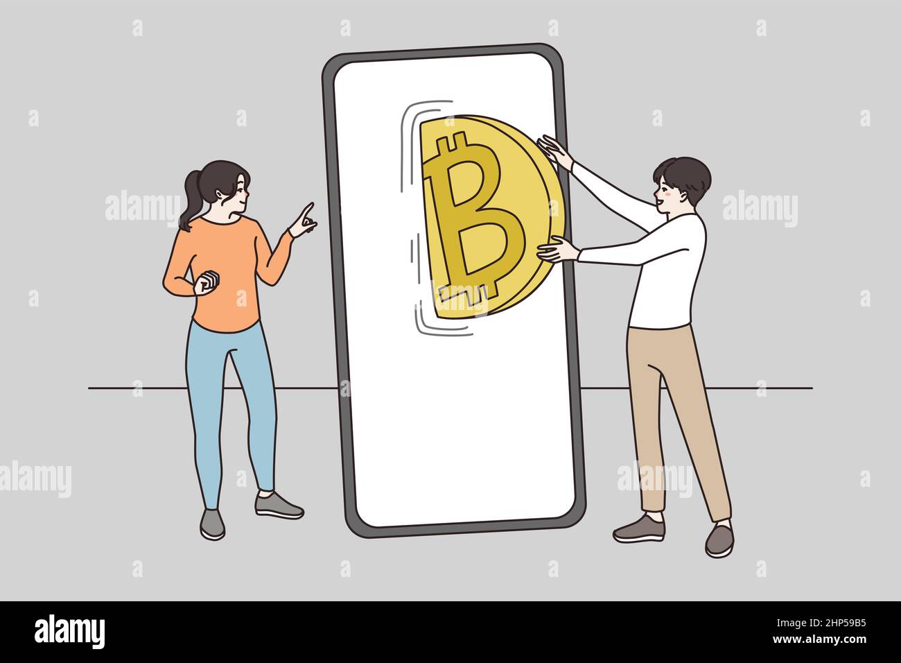 People transfer exchange bitcoin on cellphone application Stock Vector