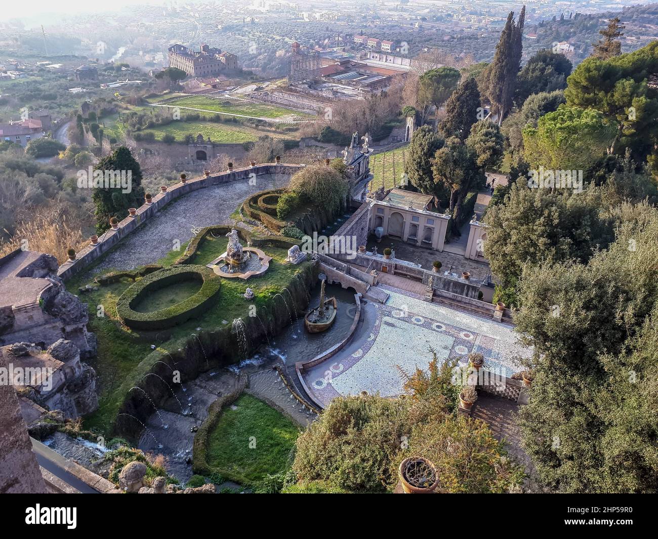 Aerial view of the Villa d'Este in Tivoli, terraced hillside Italian ...