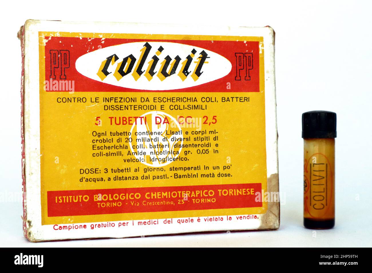 Vintage 1940s COLIVIT with Escherichia coli lysates for the treatment of dysentery. ABC Farmaceutici, Biological Chemotherapy Institute - Turin Italy Stock Photo