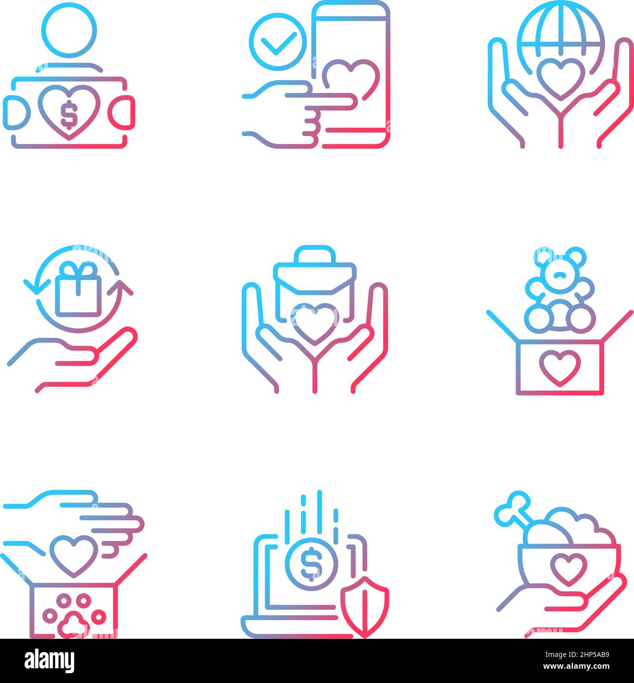 Donating to multiple charities gradient linear vector icons set Stock Vector
