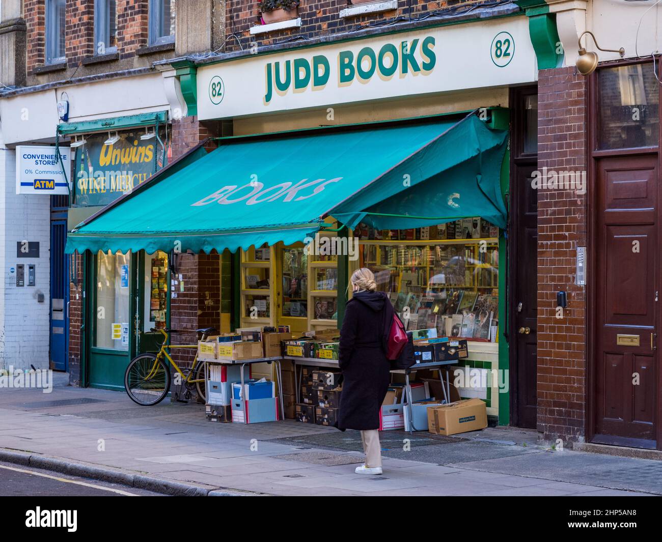 Judd Books on Marchmont Street, Bloomsbury, London. Judd Bookshop Marchmont St, London. Bloomsbury Bookshop. Bloomsbury Book Shop. Stock Photo