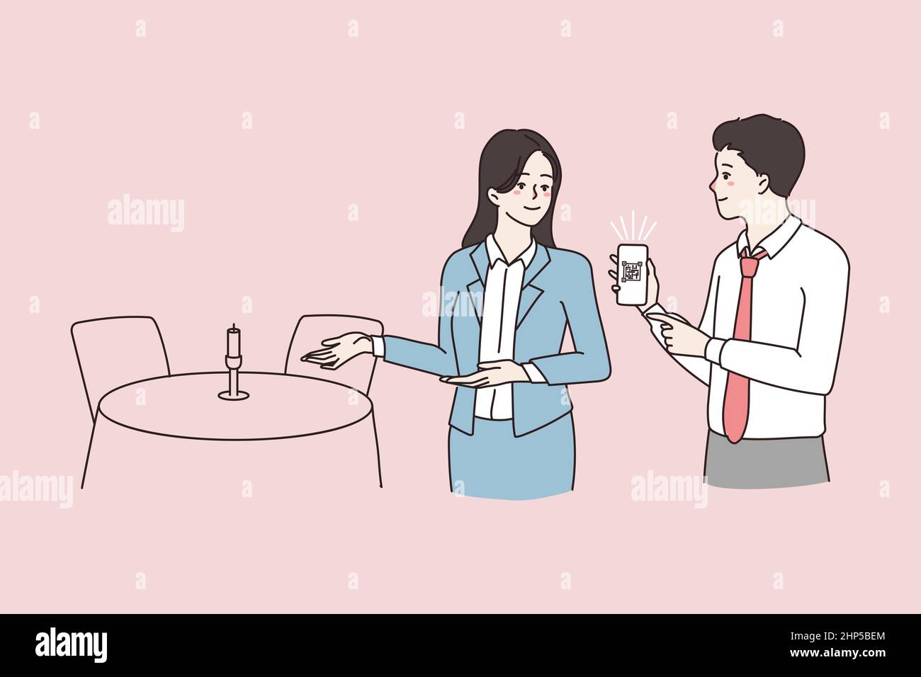 Waitress look at restaurant client QR vaccination code Stock Vector