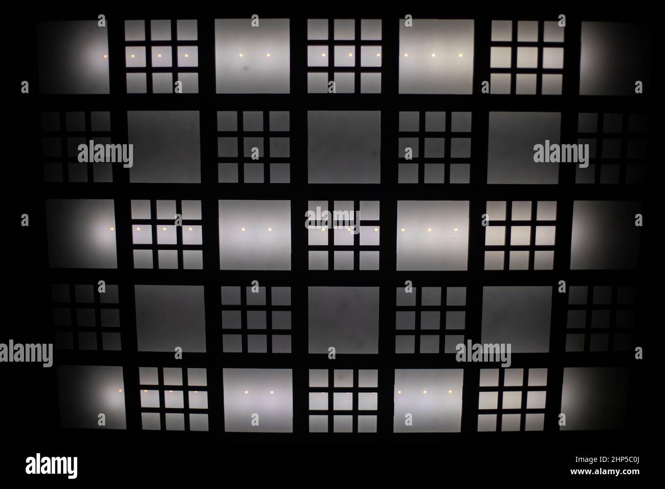 Electric light in elevator. Ceiling of elevator cabin. Lamps shine