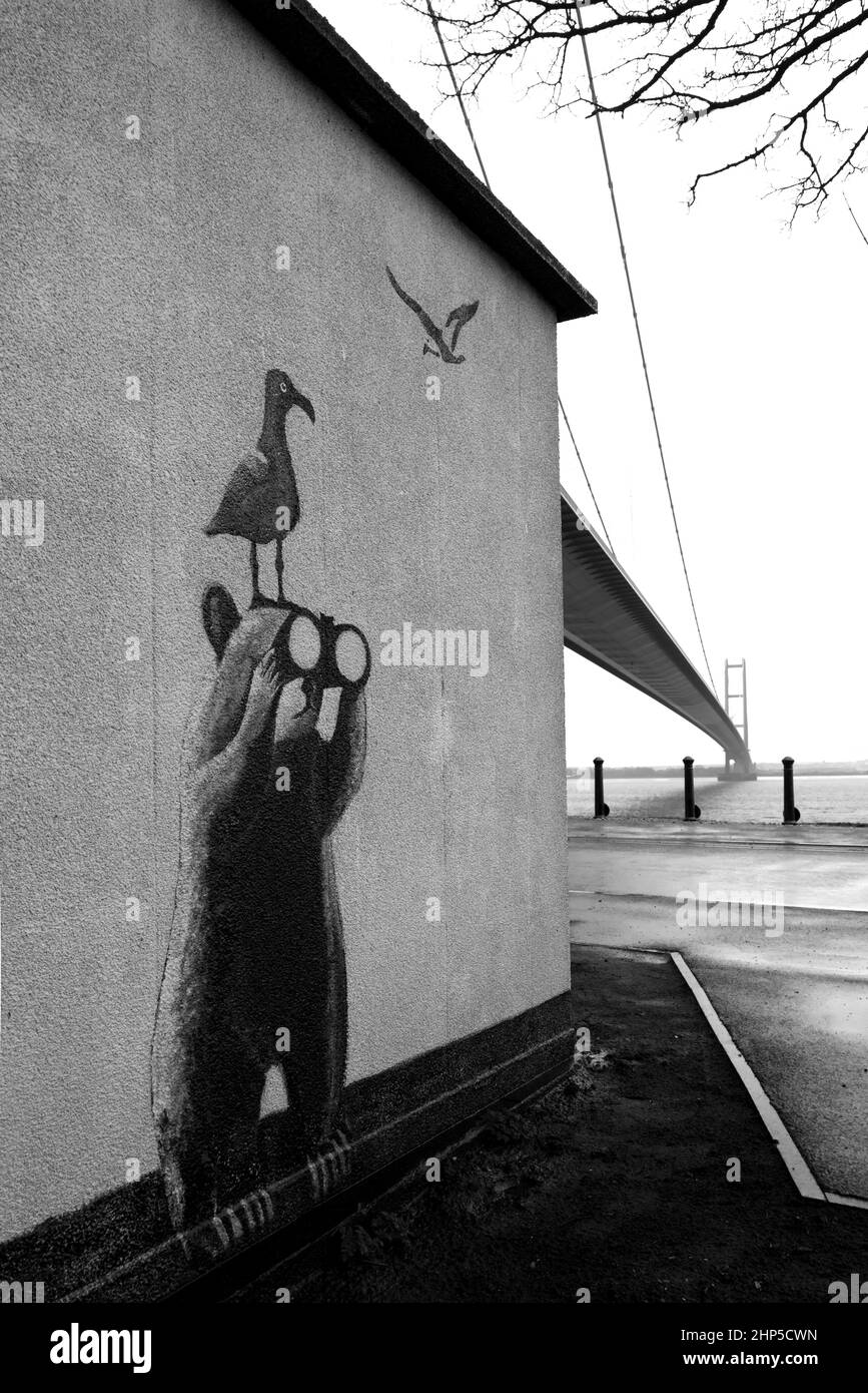 The Humber Bridge and Banksy style artwork at Hessle with bear and seagull Stock Photo