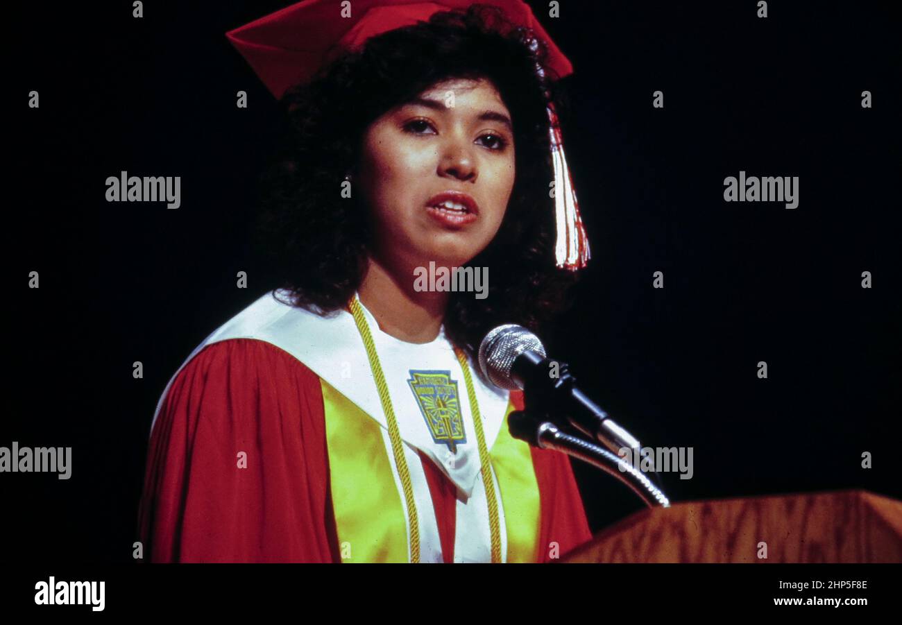 San Antonio Texas USA, 1992 Hispanic teen giving speech at Edgewood