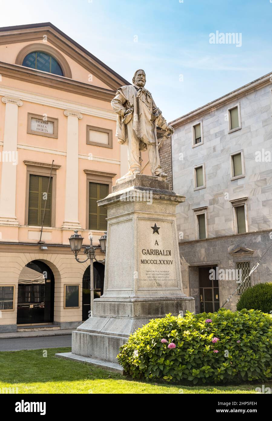 Lecco, Lombardy, Italy - July 28, 2015: Monument to Giuseppe Garibaldi in front of the Theater of society in Lecco city. Stock Photo