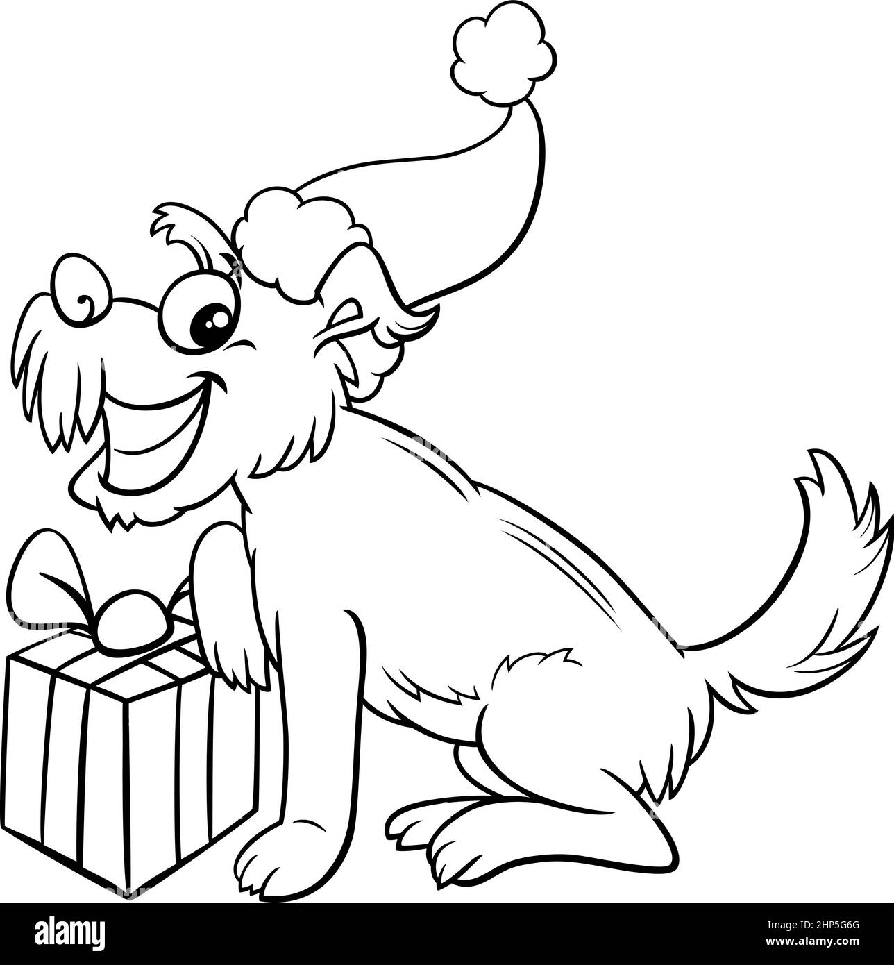 happy dog with gift on Christmas time coloring book page Stock Vector