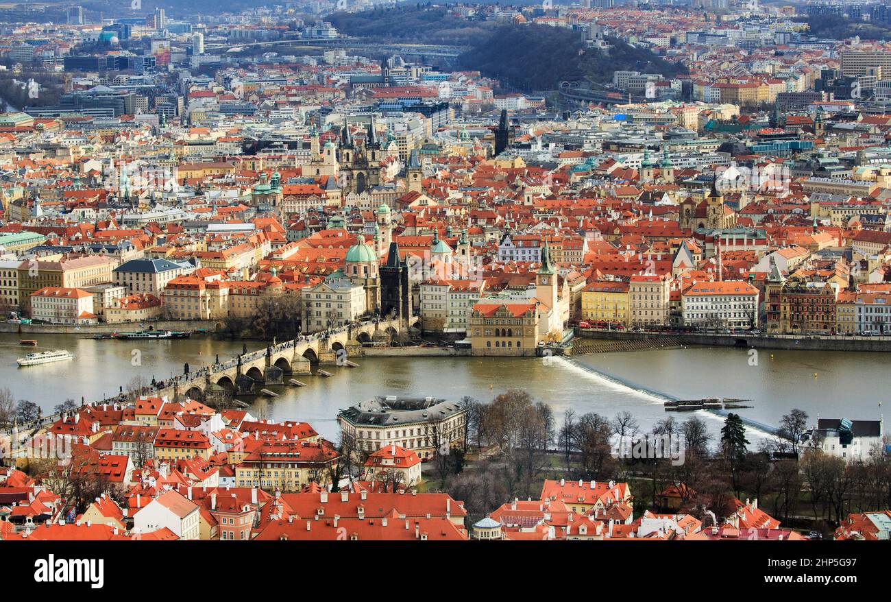 Looking down on Charles Bridge and the River Vltava and Prague city from Petrin Hill, Prague, Czech republic Stock Photo