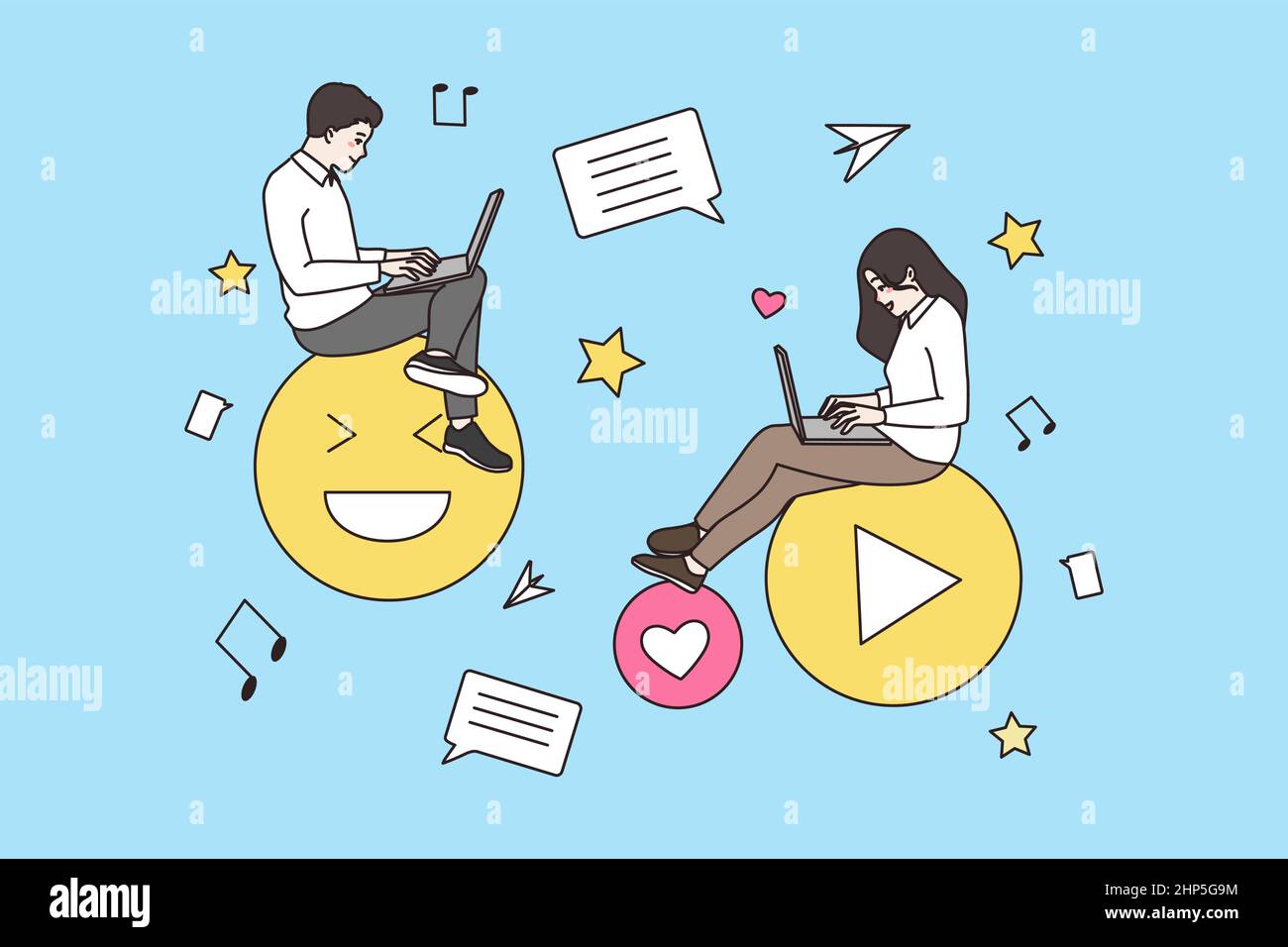 People use laptops communicate online on social media Stock Vector