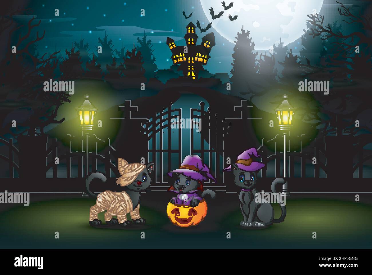 Three cute cats at night time halloween parties Stock Vector