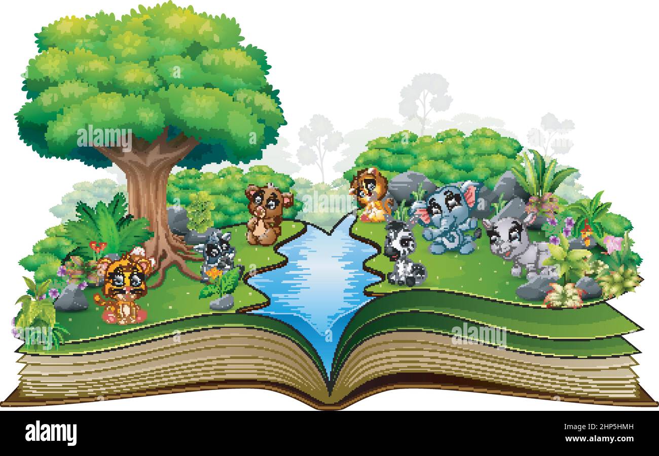 Open book with river and baby animal cartoon Stock Vector