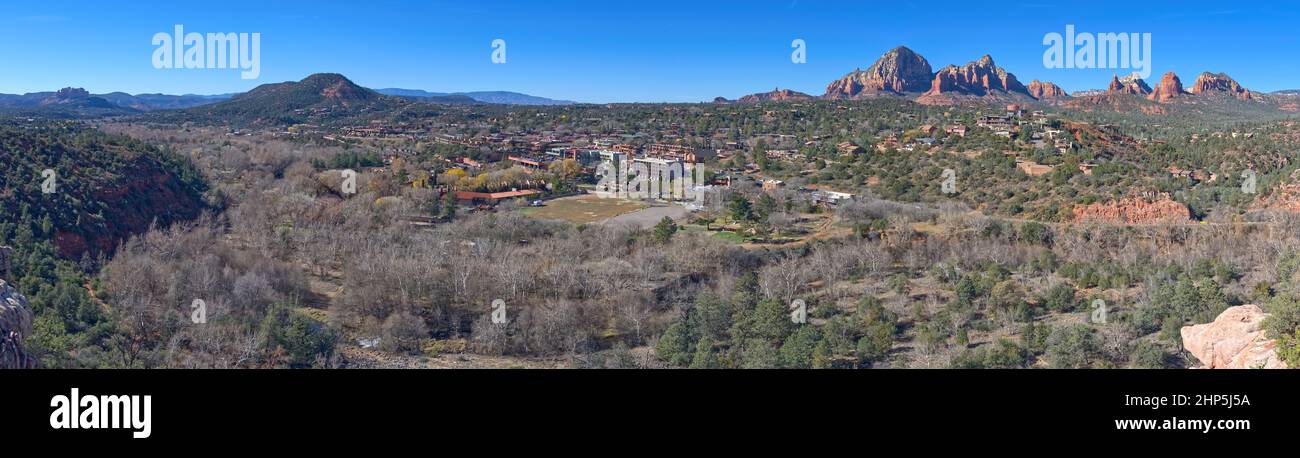 Uptown Sedona Arizona viewed from the Huckaby Trail on the far western edge of Mitten Ridge. Composed of 6 photos stitched together. Stock Photo