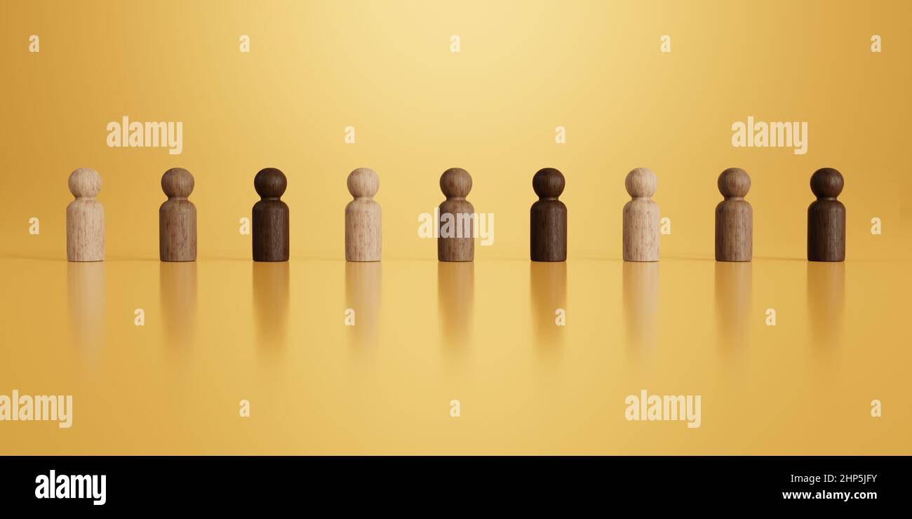Diversity, Equality and Representation Concept. A Row of Wooden Doll Figures in Different Shades. 3D Render. Stock Photo