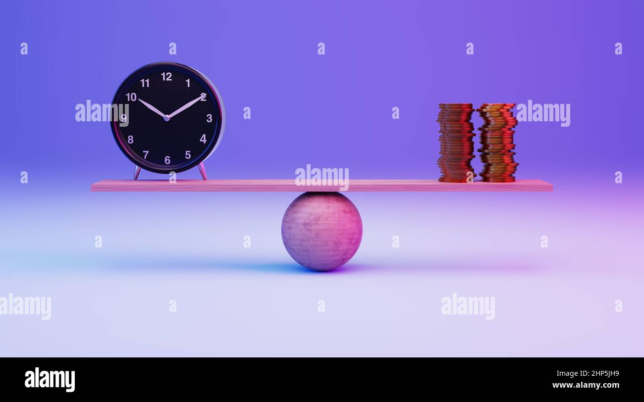 Time is Money Concept. Balancing Clock and Coins Stacks. 3D Render. Stock Photo