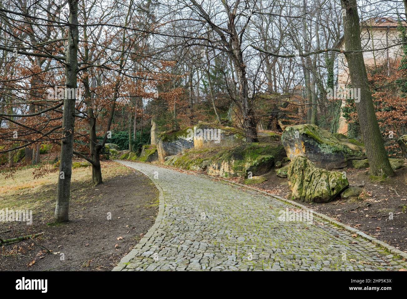 Deserted winding cobbled paths through the woods and beside the boulders on rocky hill of Petrin Hill, with no people, winter, Prague, Czech Republic Stock Photo
