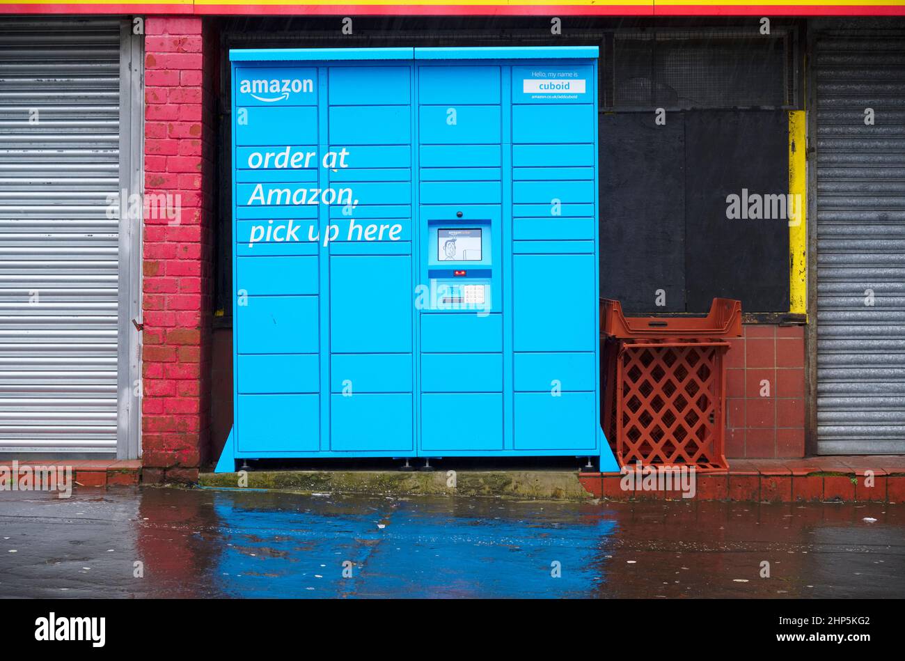 London, England, UK, February 13th 2022, Amazon delivery blue locker