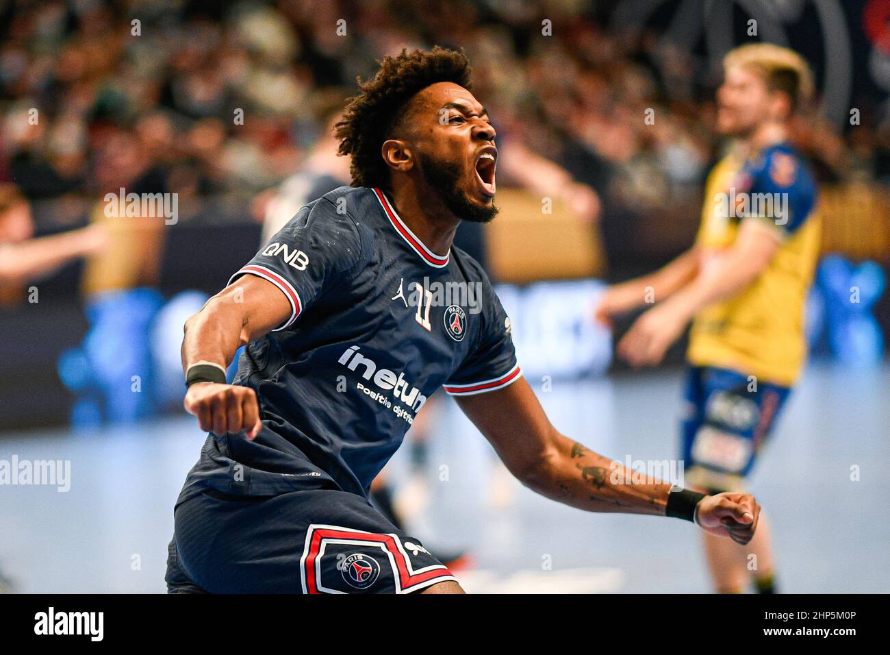 Benoit Kounkoud of PSG celebrates during the EHF Champions League, Group B handball match between Paris Saint-Germain and Lomza Vive Kielce on Decembe Stock Photo