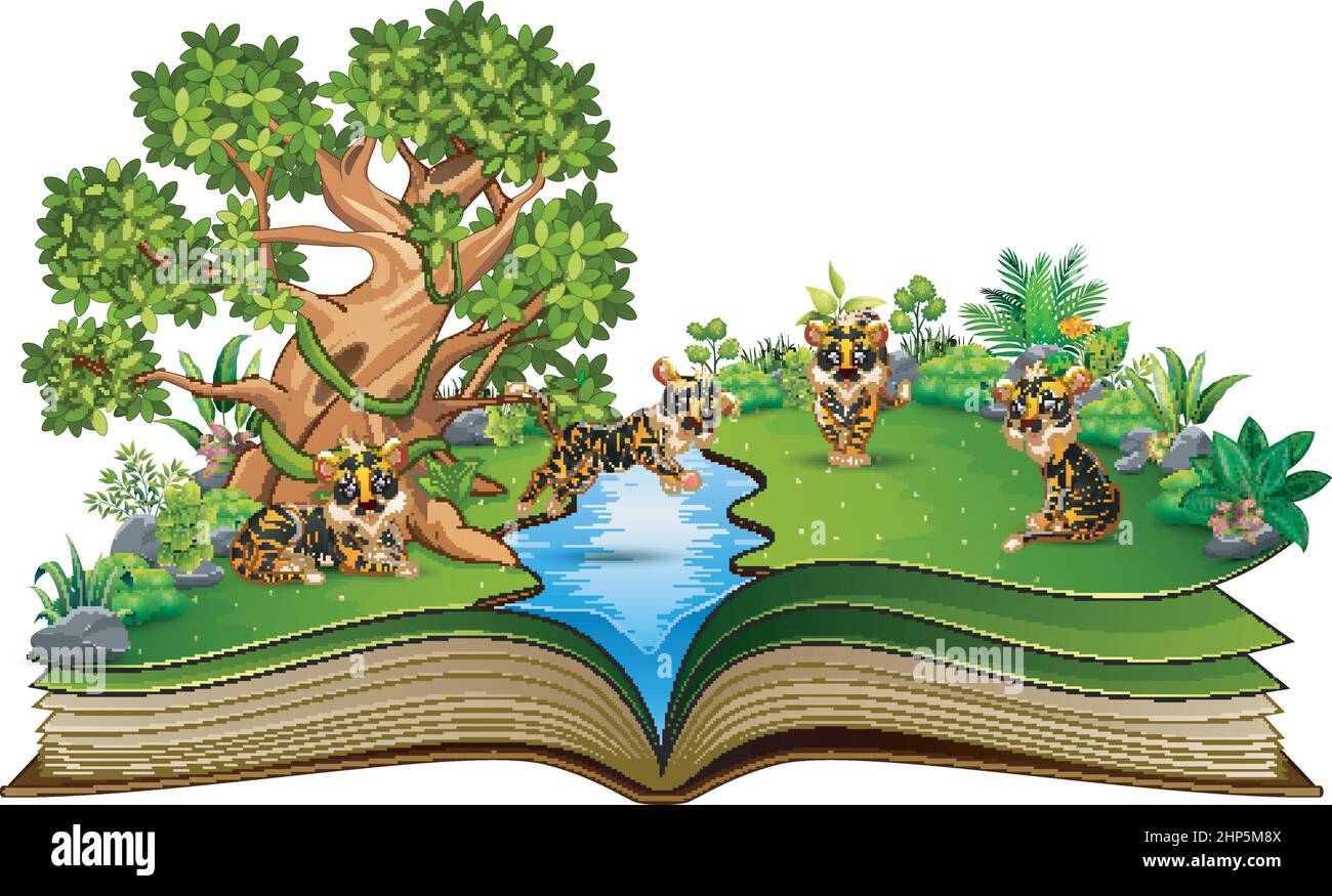 Open book with group of tiger cartoon playing in the river Stock Vector