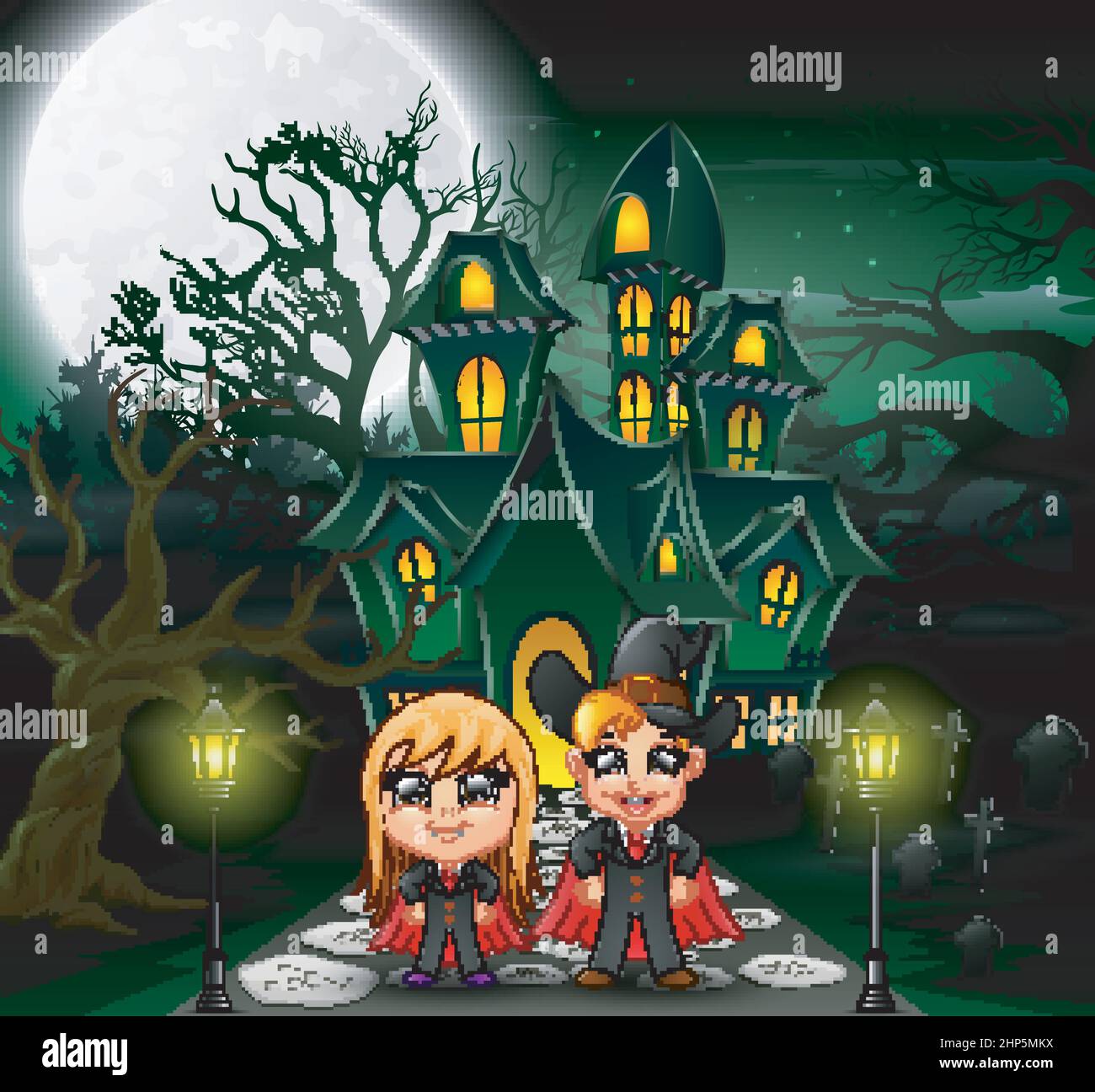 Happy couple vampire in front of the haunted house with full moon background Stock Vector