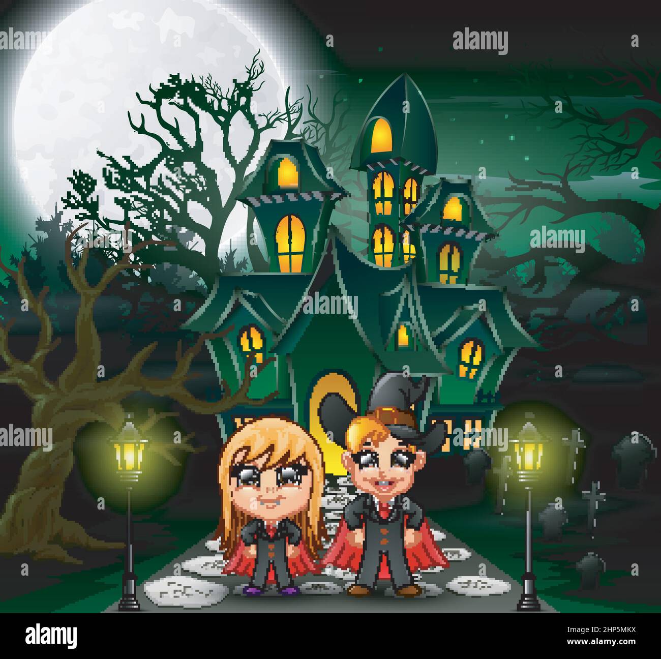 Happy couple vampire in front of the haunted house with full moon ...