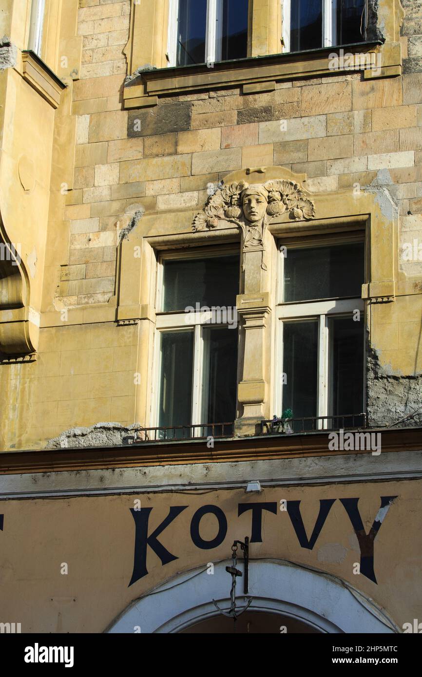 Carving of Ceres or Green Man or beautiful woman or goddess above the Hostinec U Zlate Kotvy Restaurant on Nerudova Street, Vysehrad, Prague, Czech. Stock Photo