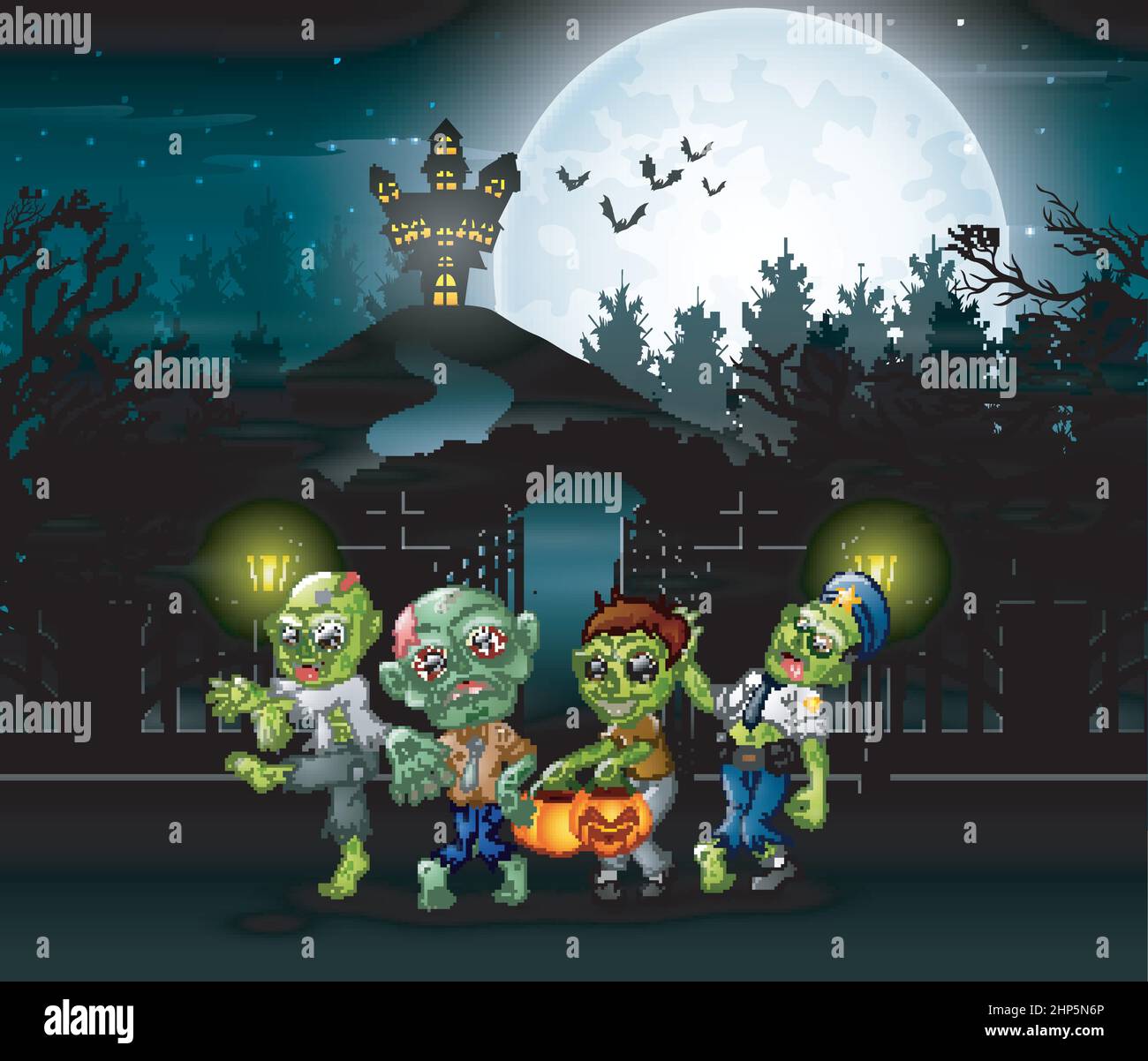 Cartoon of zombie group on the halloween with haunted house background