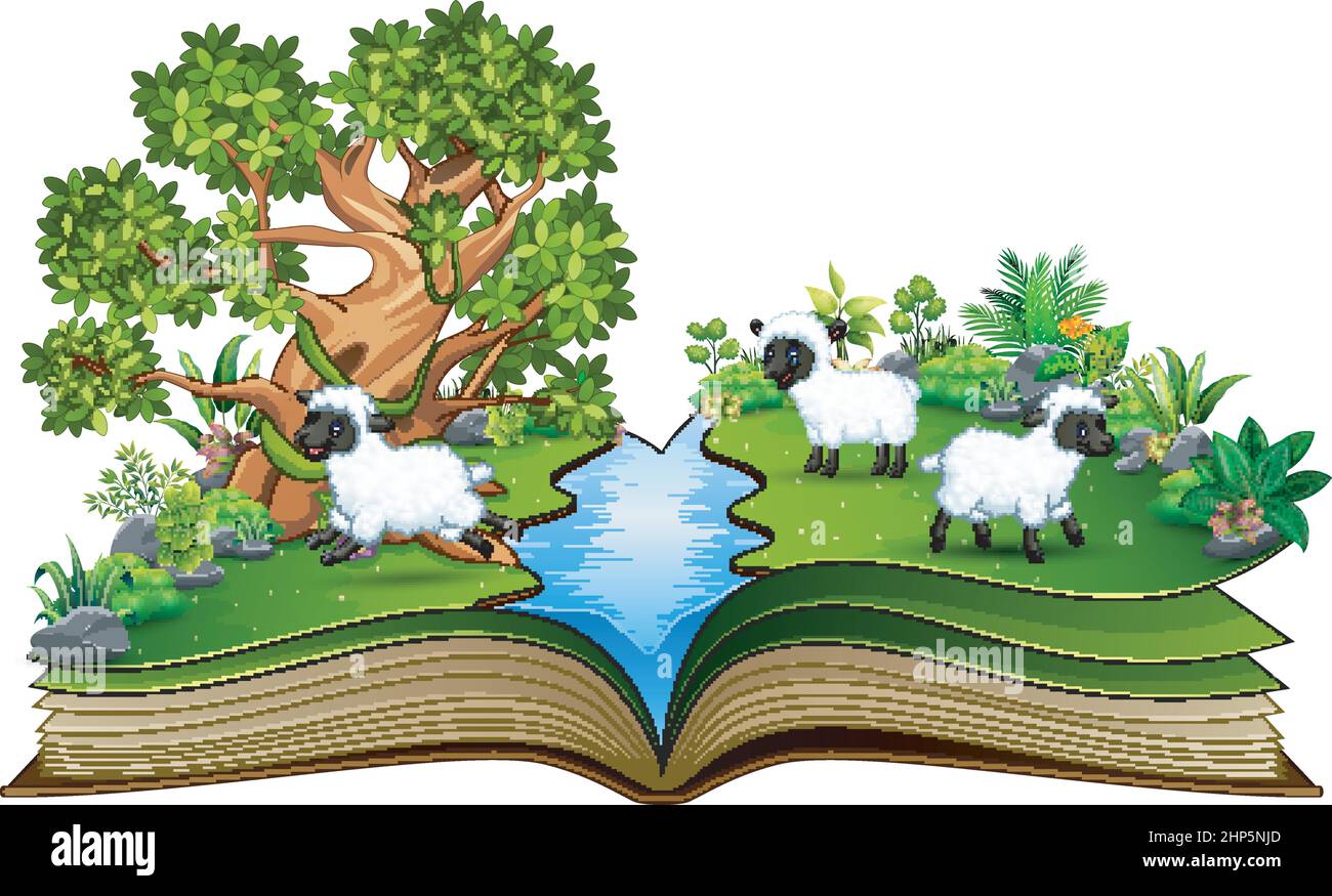 Open book with group of sheep cartoon playing in the river Stock Vector