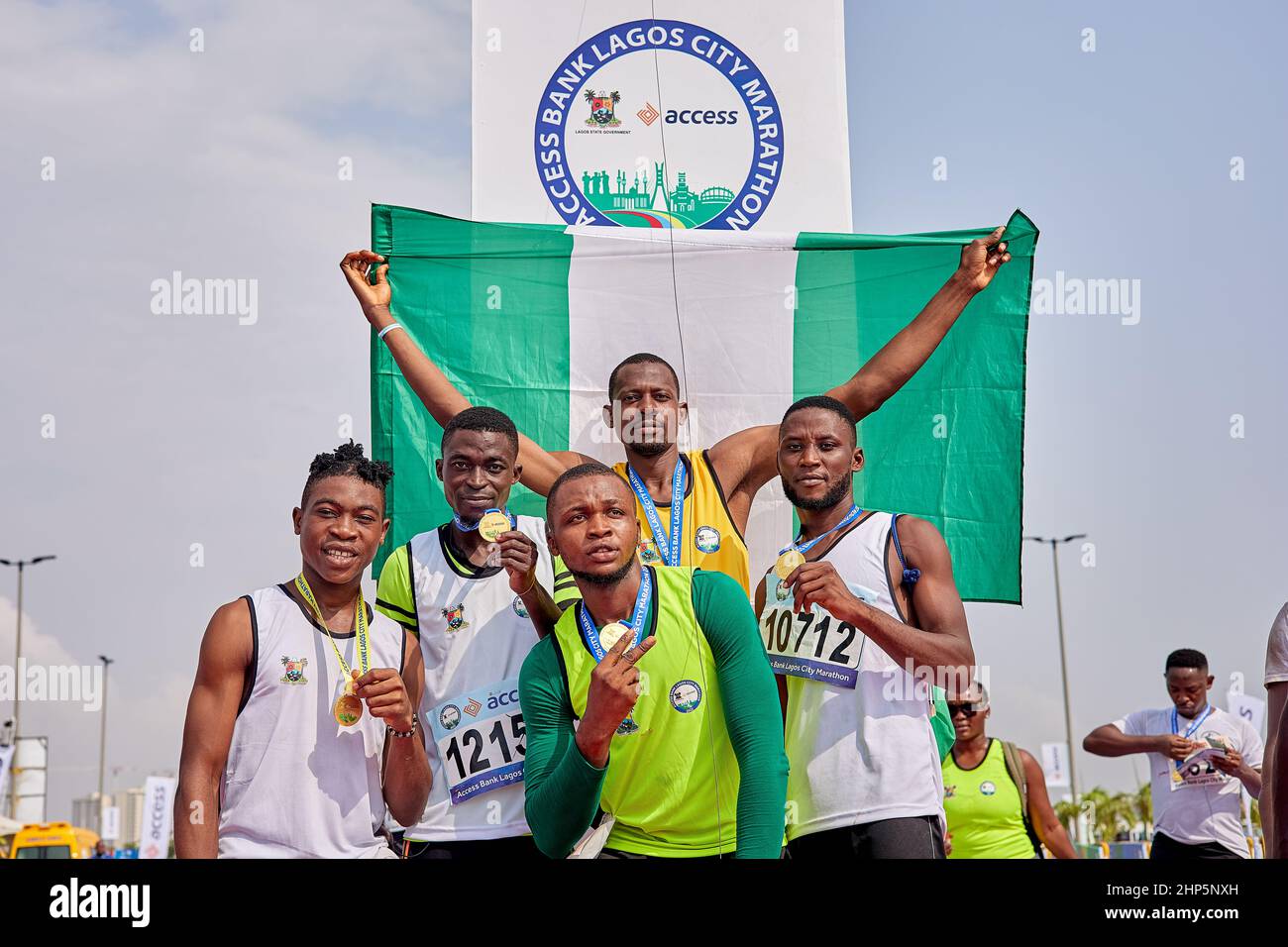 Athletes pose for photographs after competing in the Access Bank Lagos City Marathon, on February 12, 2022. Stock Photo