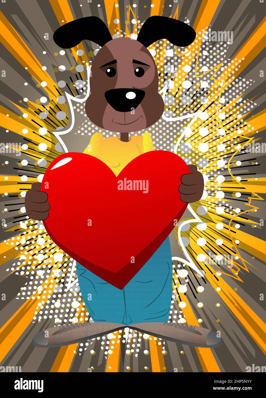 Funny cartoon dog holding big red heart. Stock Vector
