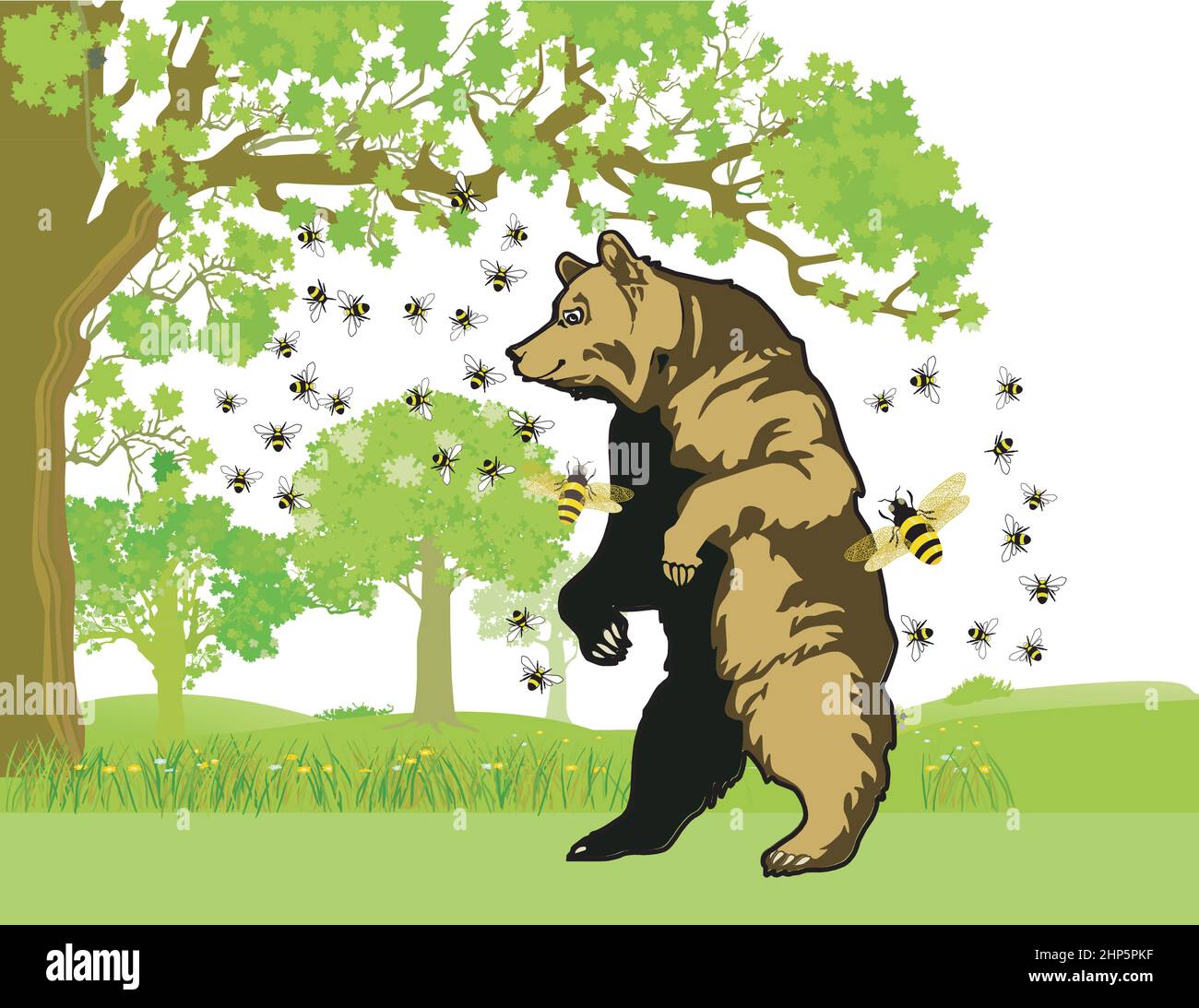 a bear with bees who wants honey, illustration Stock Vector