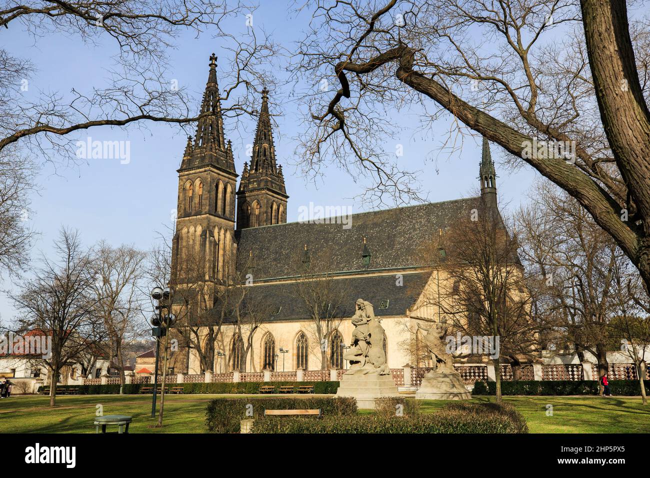 The hollow spires of the church of Basilica of St Peter and St Paul in the Vysehrad Fortress, Prague, Czech republic, on a sunny spring morning Stock Photo