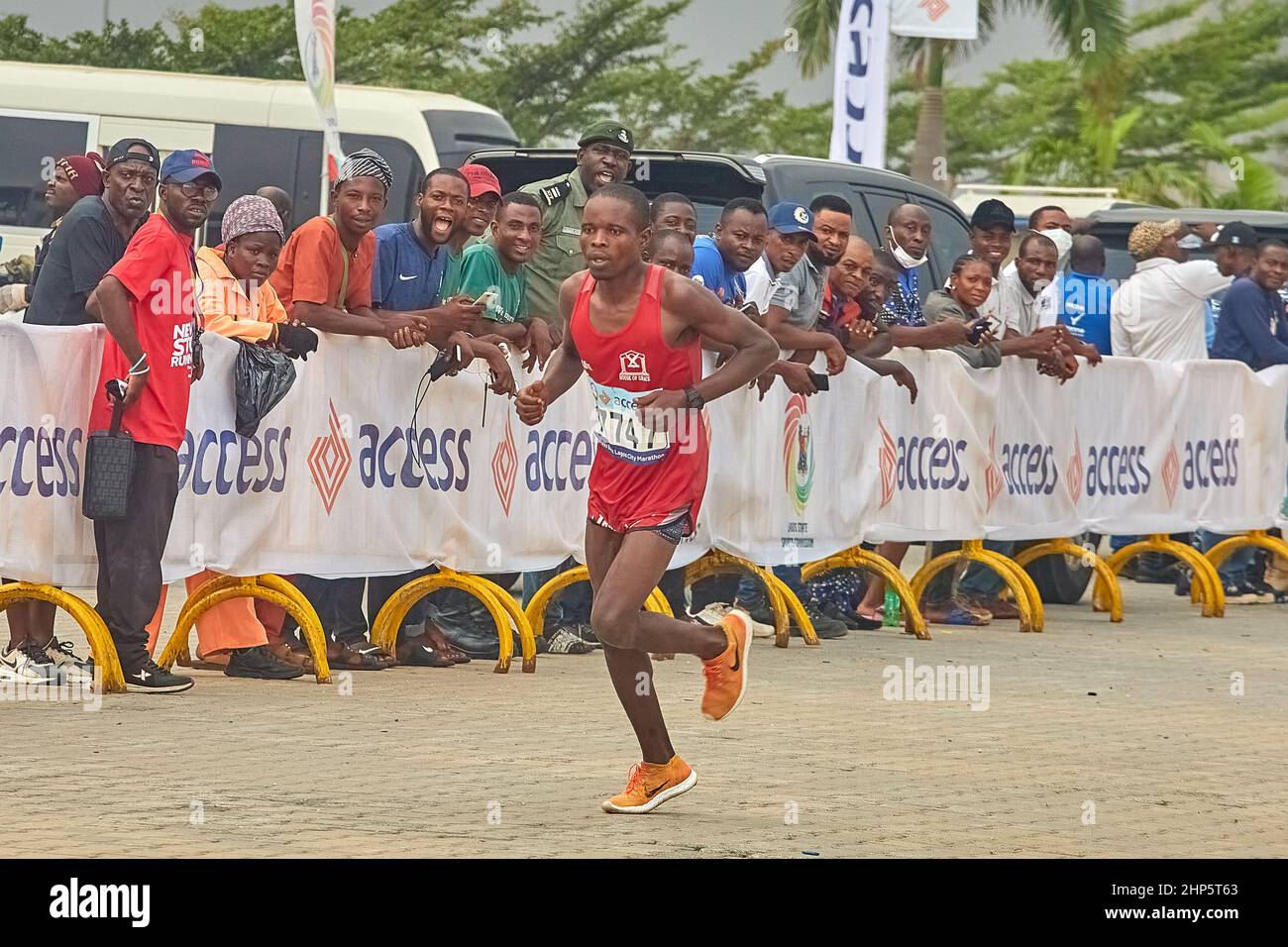Athletes compete in the Access Bank Lagos City Marathon, a 42km Silver-Label Marathon held in Lagos, Nigeria on February 12, 2022. Stock Photo