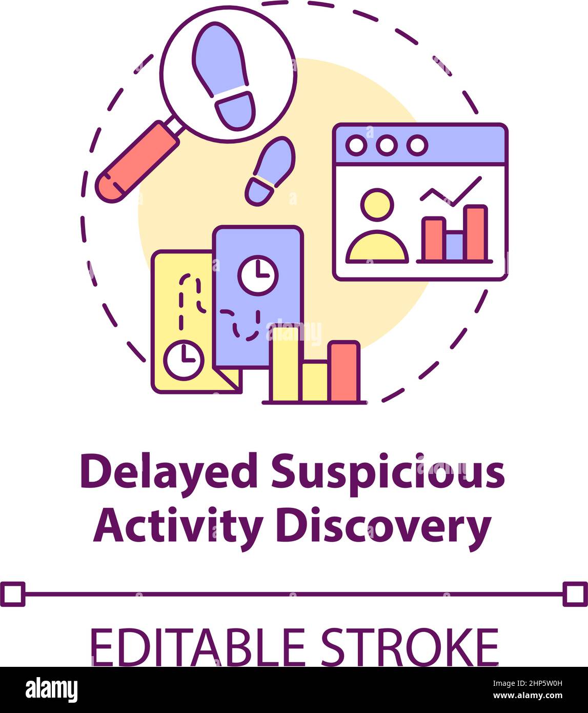 Delayed suspicious activity discovery concept icon Stock Vector Image
