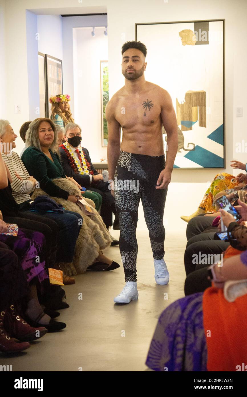 London, UK. 18th Feb, 2022. Eye-catching Designs at London Pacific Fashion Week. Designs from American Samoa, Fiji, Australia and Hawaii were on the runway with dancers from the London School of Hula and Ori. Credit: Peter Hogan/Alamy Live News Stock Photo