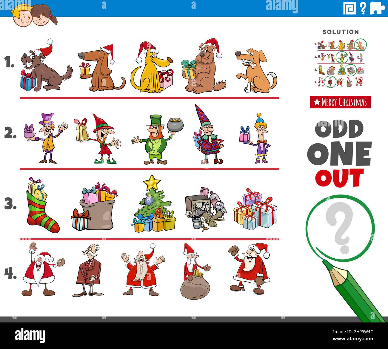 odd one out picture game with Christmas characters and objects Stock Vector
