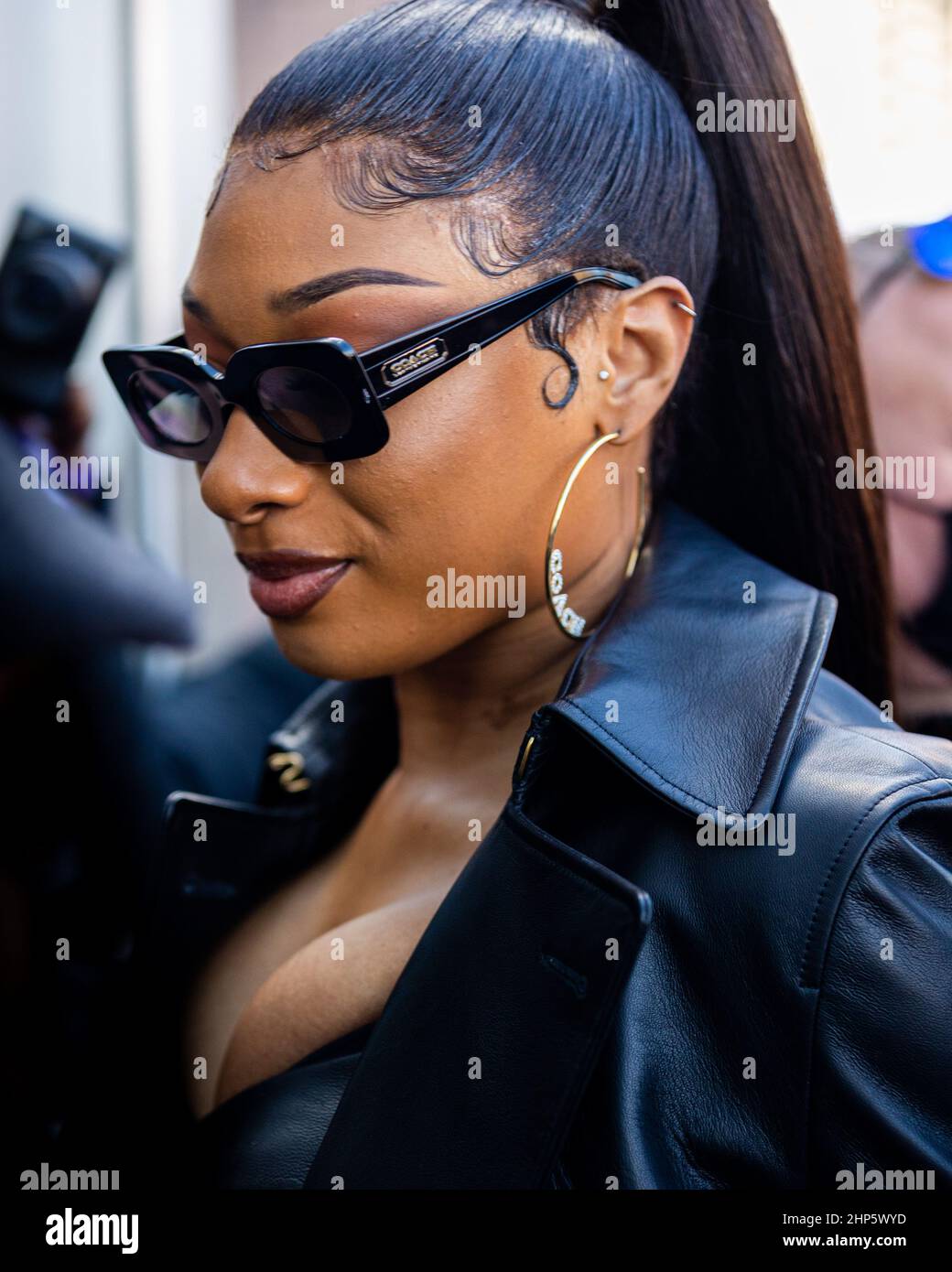 Megan Thee Stallion Street Style before Coach at New York Fashion Week Fall/Winter 22 Stock Photo