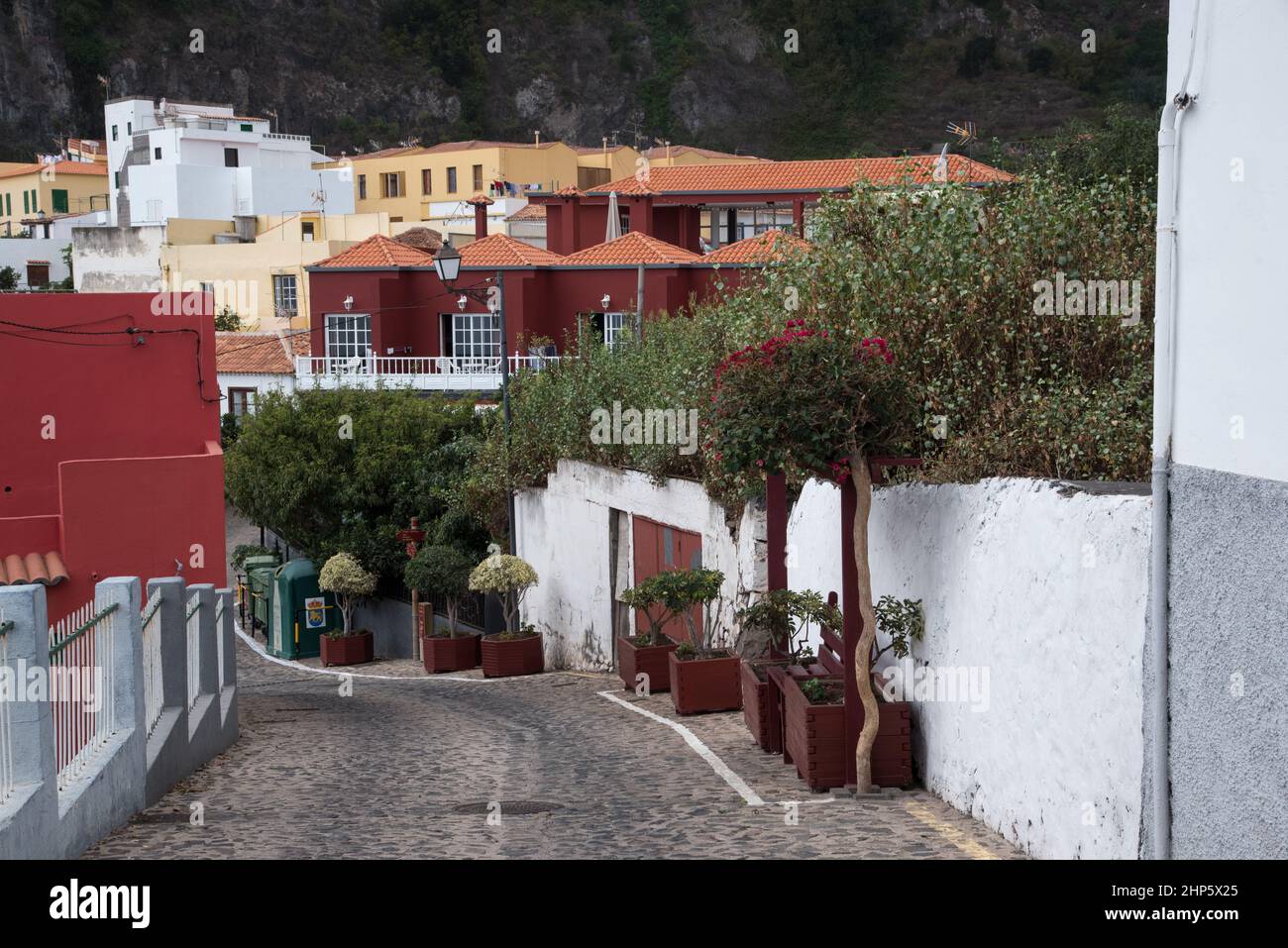 Agulo is a tiny town with picturesque alleys situated at a 250 meters above sea level plateau at the north coast of La Gomera in the Canary Islands. Stock Photo