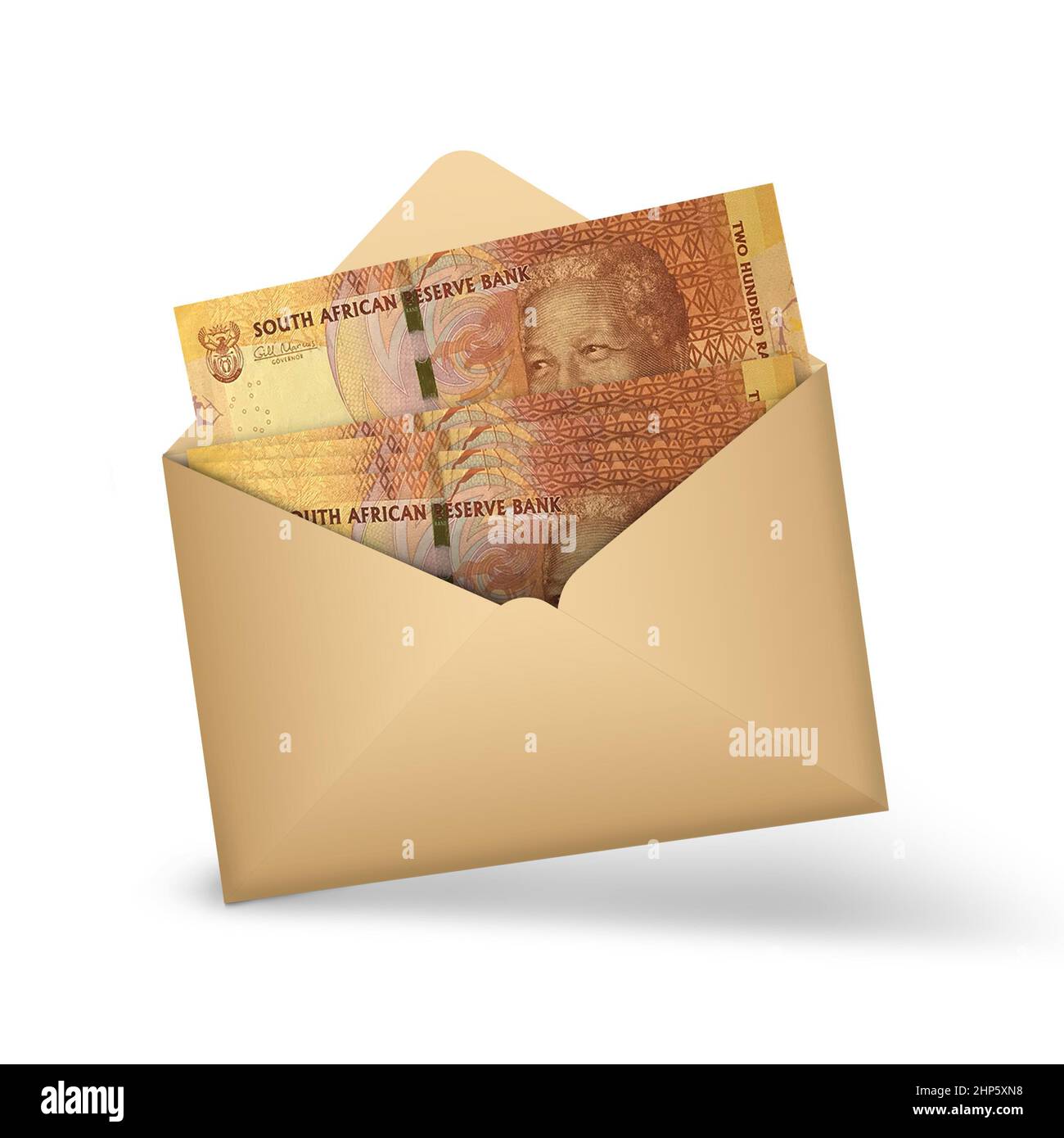 200 South African rand notes inside an open brown envelope. 3D