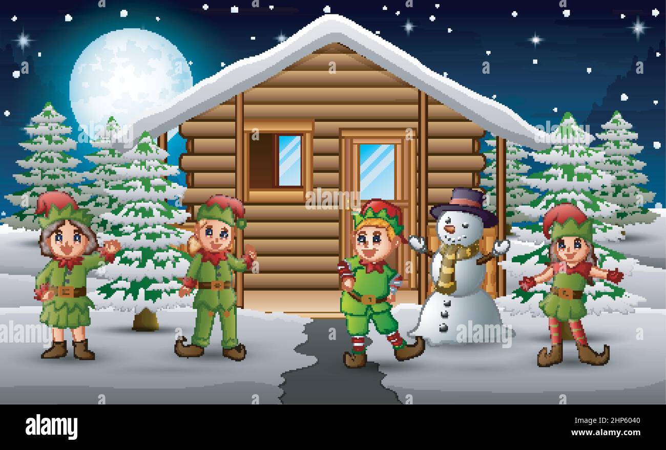 Happy elf group standing in front of the snowing house Stock Vector