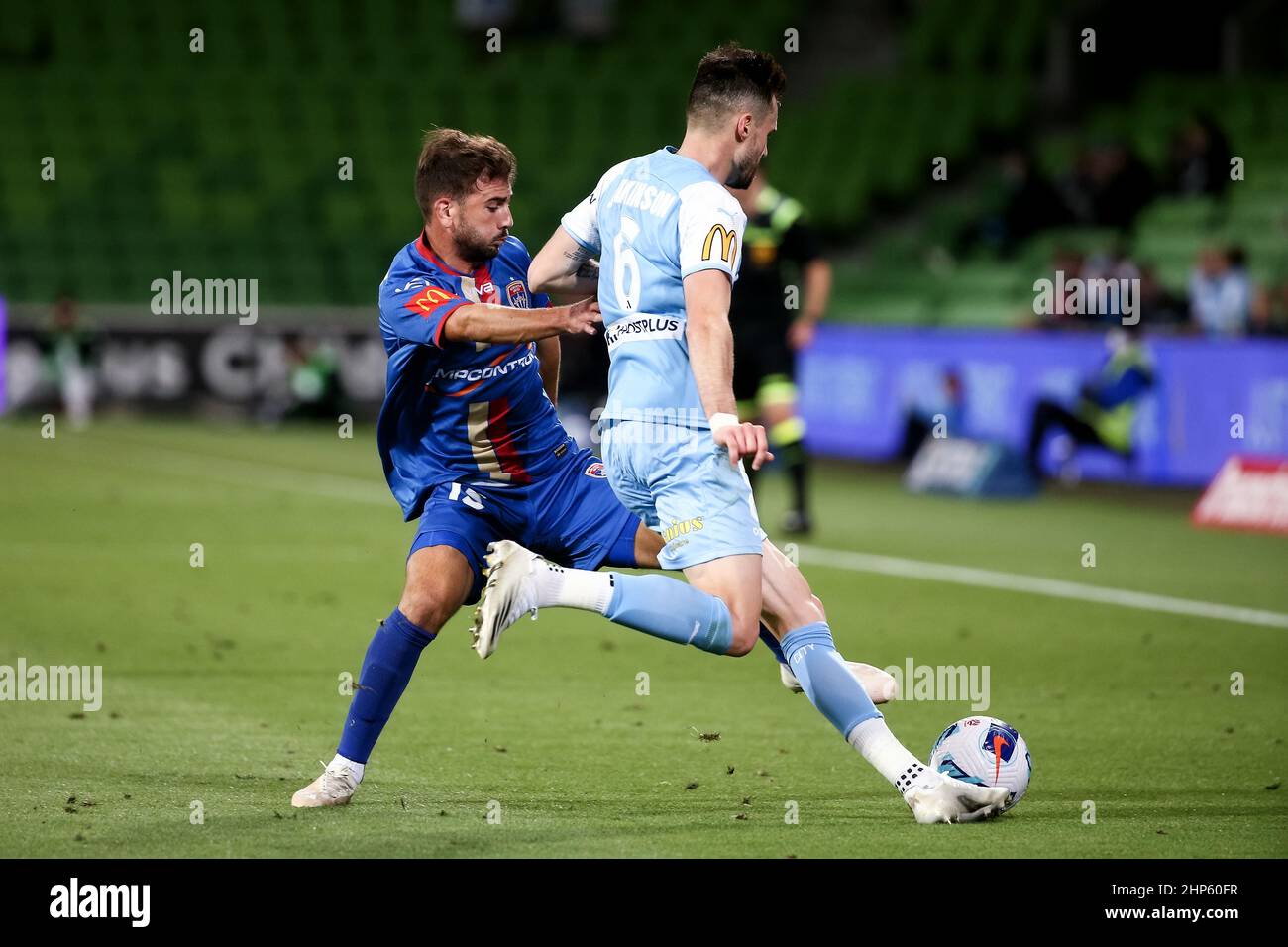 Melbourne, Australia, 18 February, 2022. Carl Jenkinson of Melbourne City FC kicks the ball during the A-League soccer match between Melbourne City FC and Newcastle Jets at AAMI Park on February 18, 2022 in Melbourne, Australia. Credit: Dave Hewison/Speed Media/Alamy Live News Stock Photo