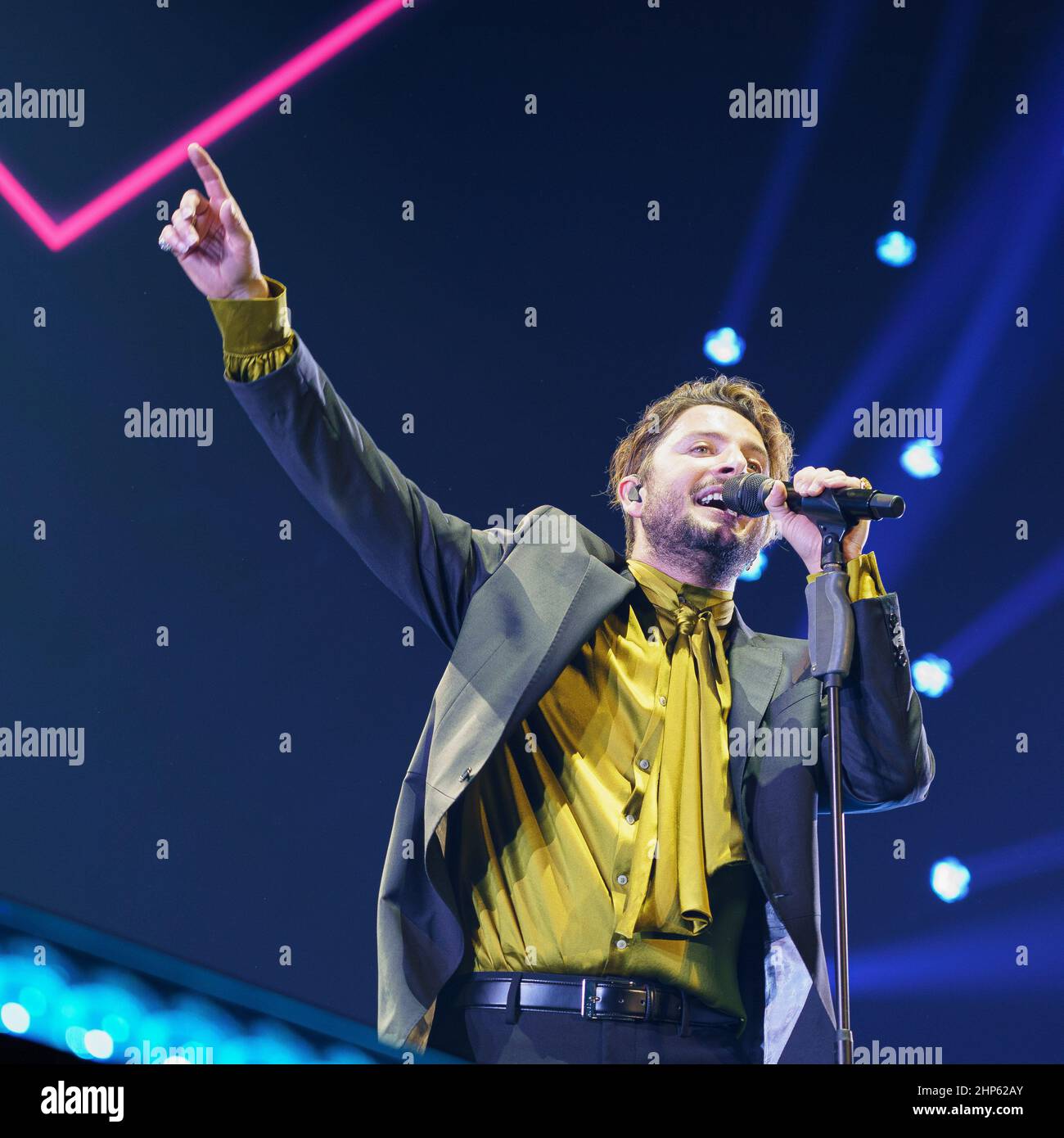 Madrid, Spain. 18th Feb, 2022. Spanish singer Manuel Carrasco performs live on stage at Wizink Center in Madrid. Credit: SOPA Images Limited/Alamy Live News Stock Photo