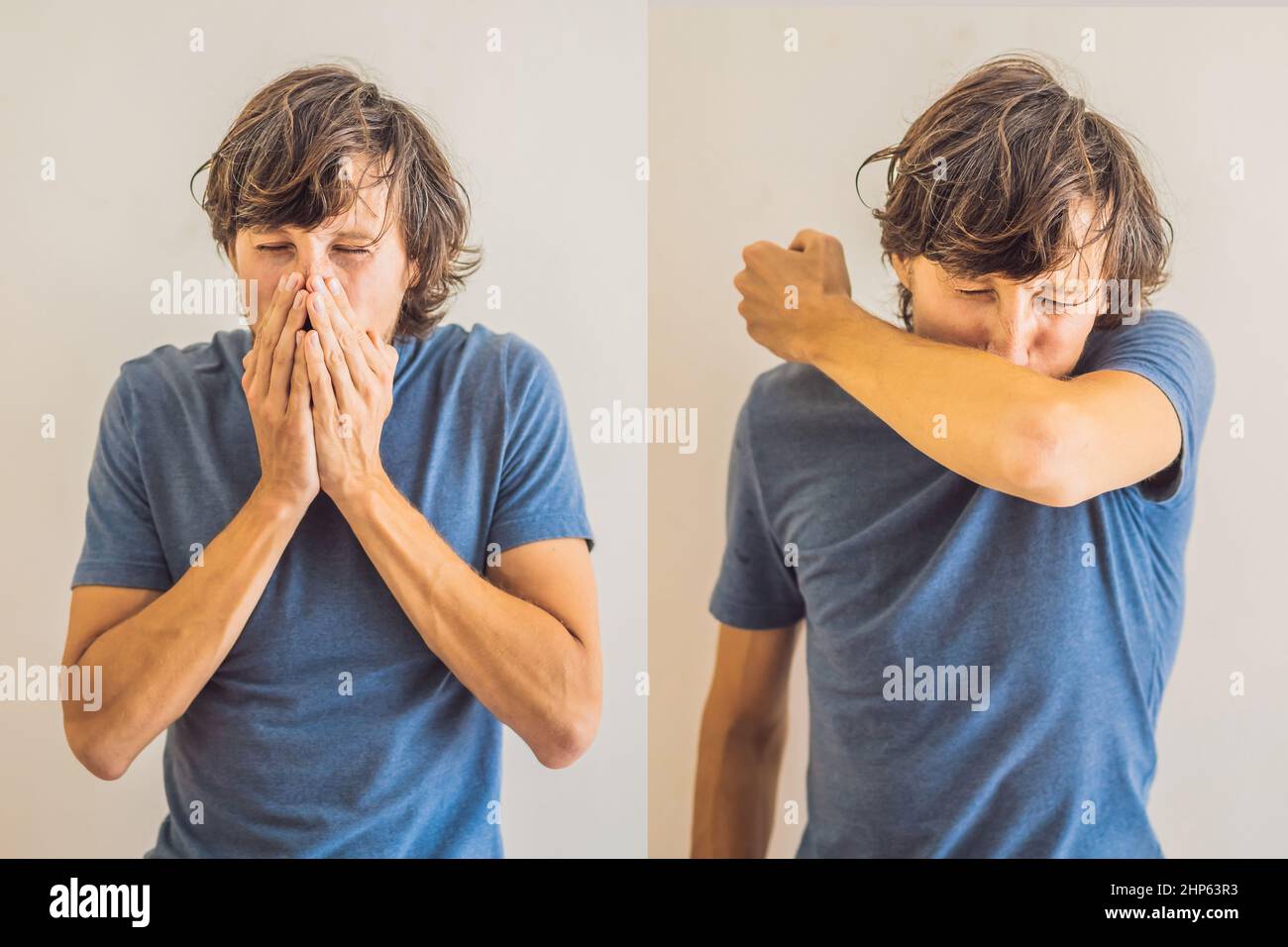 Comparison between wrong and right way to sneeze to prevent virus