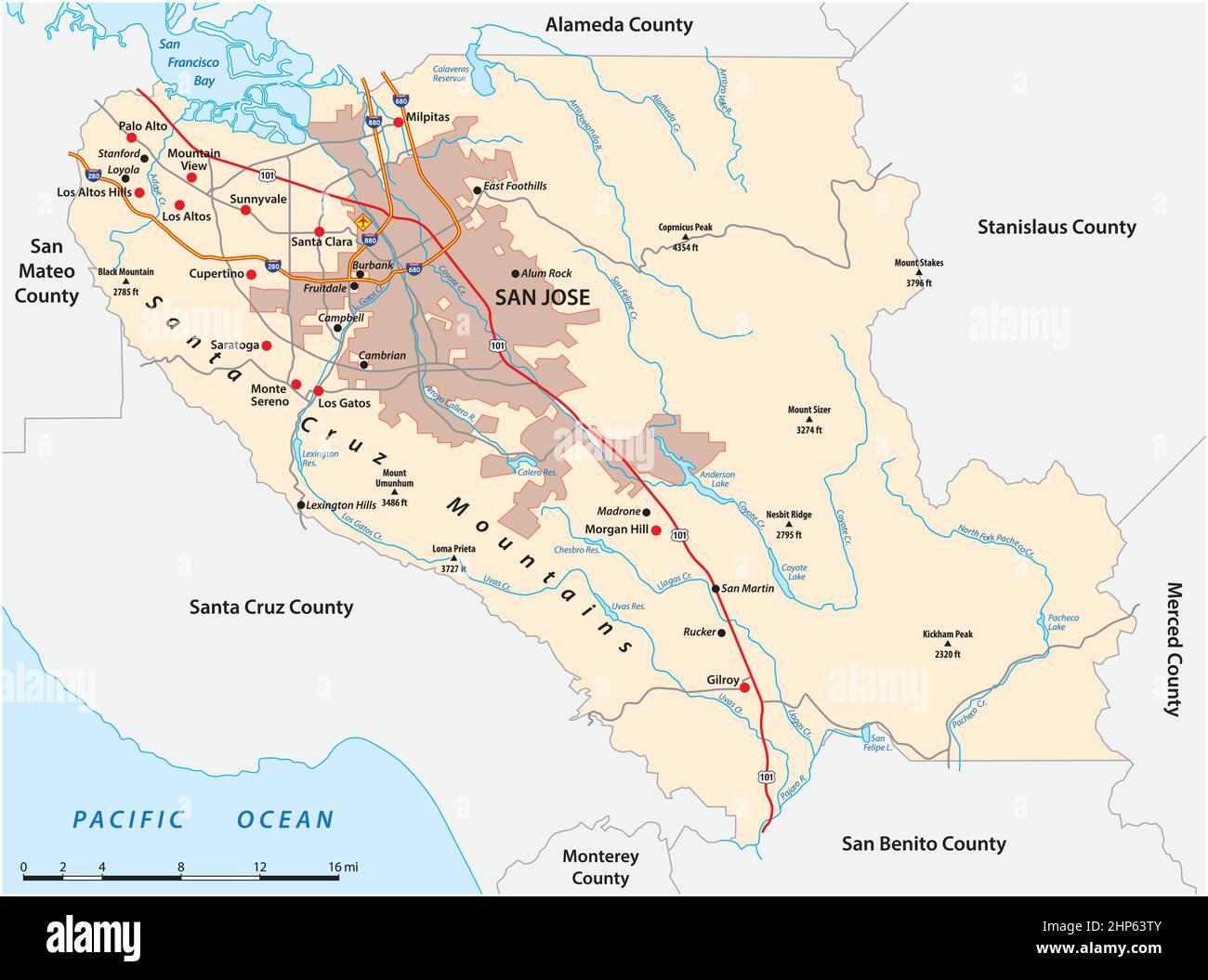 vector road map of California Santa Clara County, United States Stock Vector
