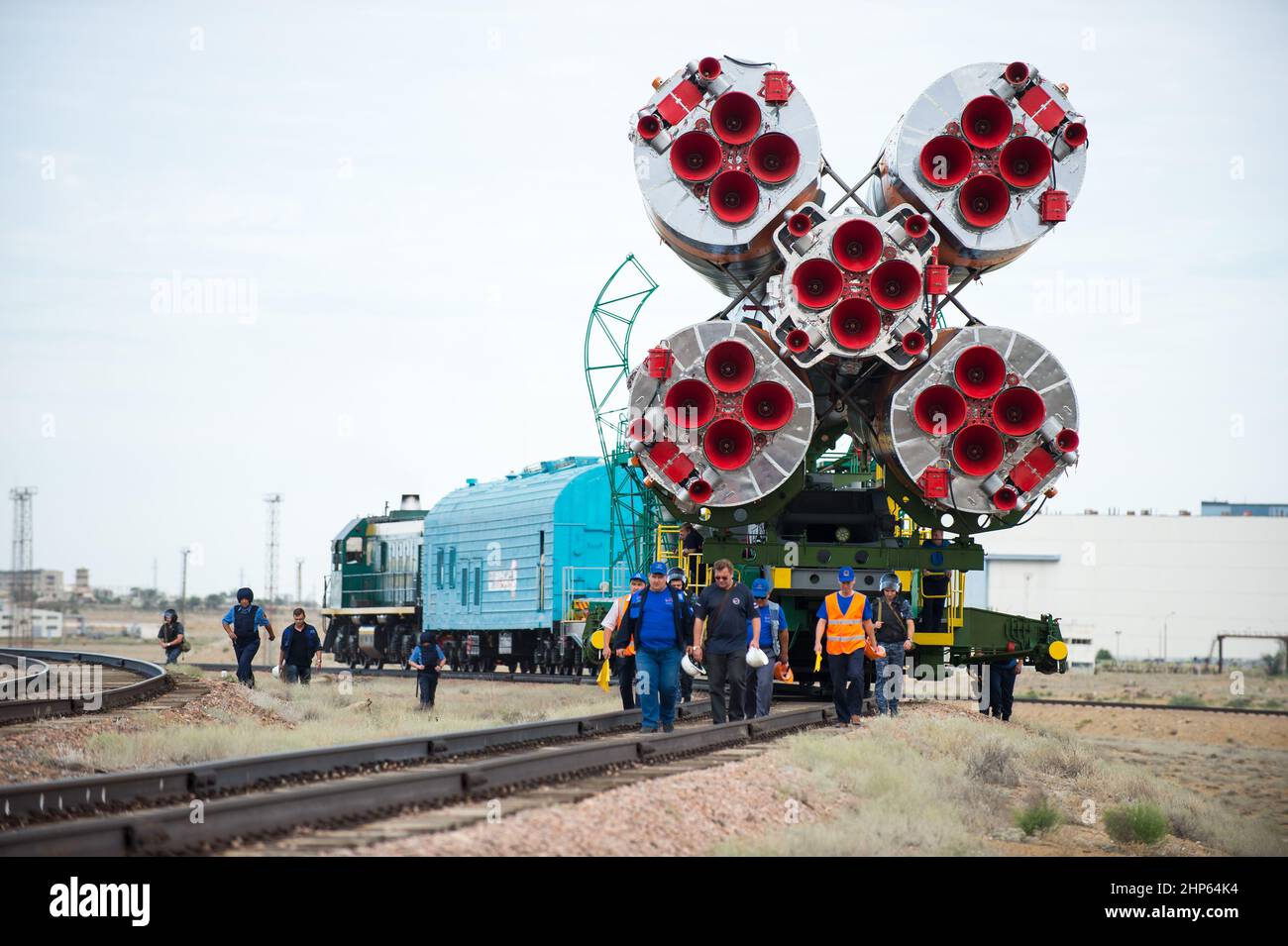 The Soyuz TMA-17M spacecraft is rolled out to the launch pad by train on Monday, July 20, 2015 at the Baikonur Cosmodrome in Kazakhstan Stock Photo