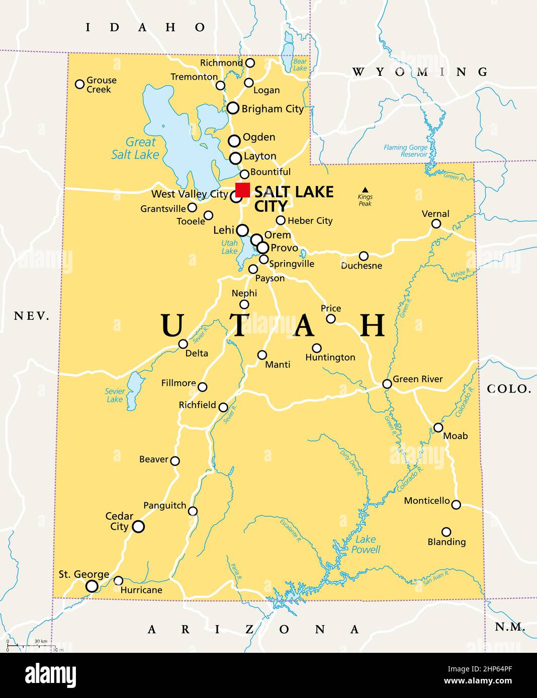 Utah, UT, political map, US state, nicknamed Beehive State Stock Vector