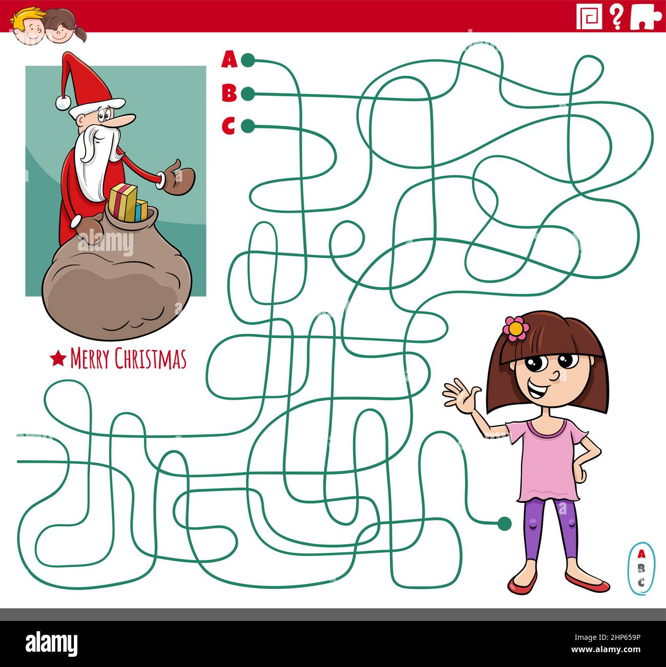 maze game with cartoon Santa Claus with sack of gifts and girl Stock